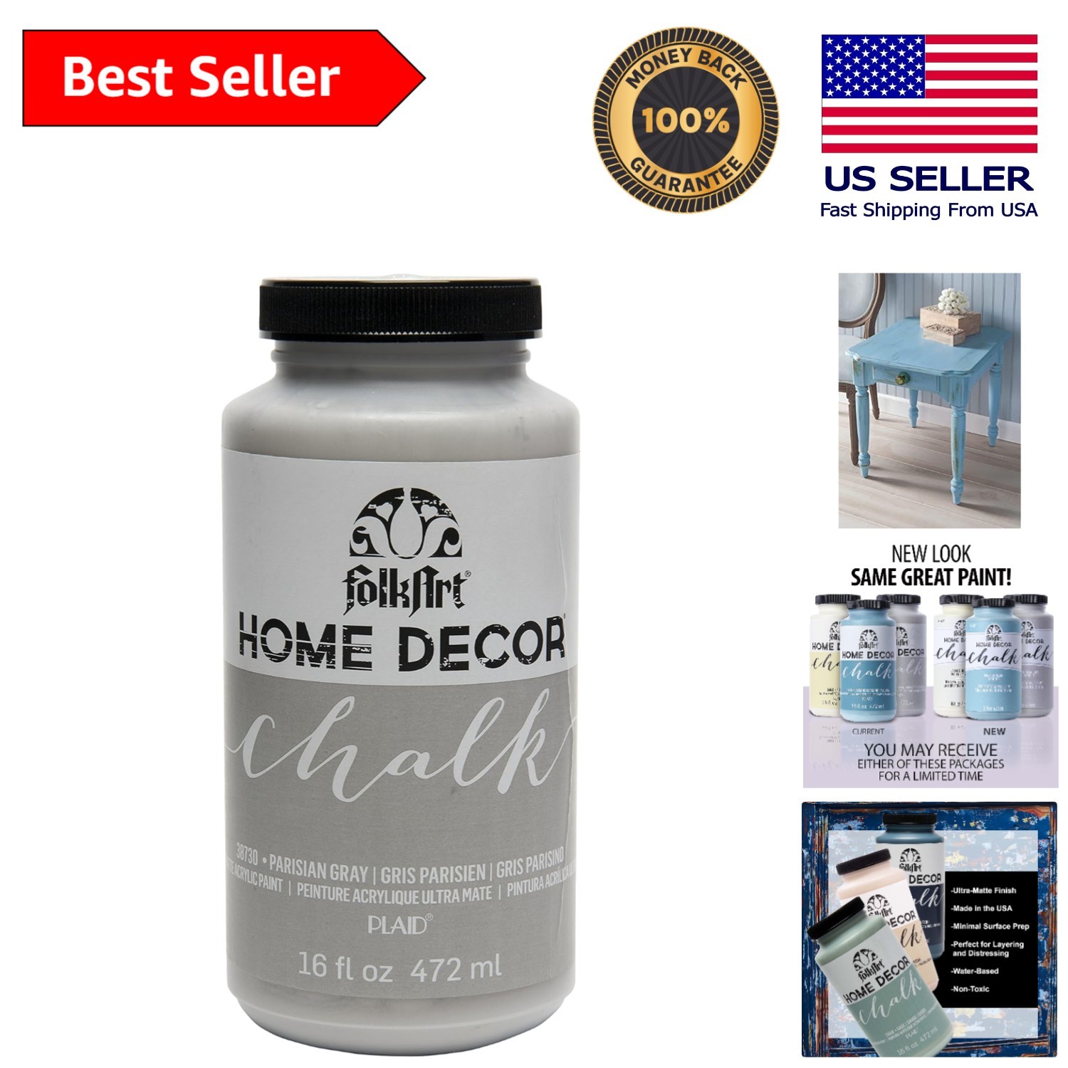 Home Decor Chalk Paint 16oz in Parisian Grey – Quick-Drying, Ultra-Matte