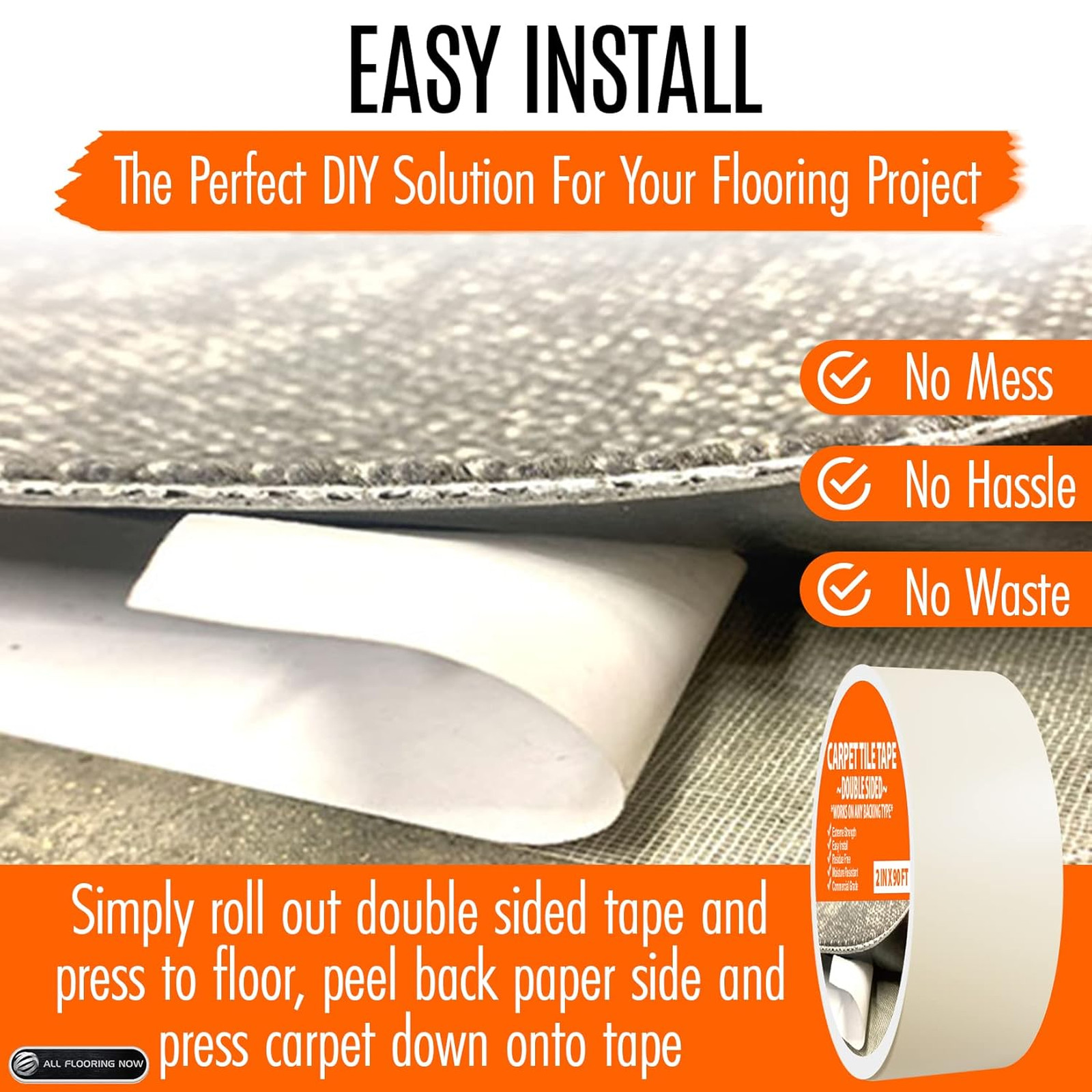 Double Sided Carpet Tile Tape Heavy Duty Reinforced Web Mesh 2in x 90ft Indoor