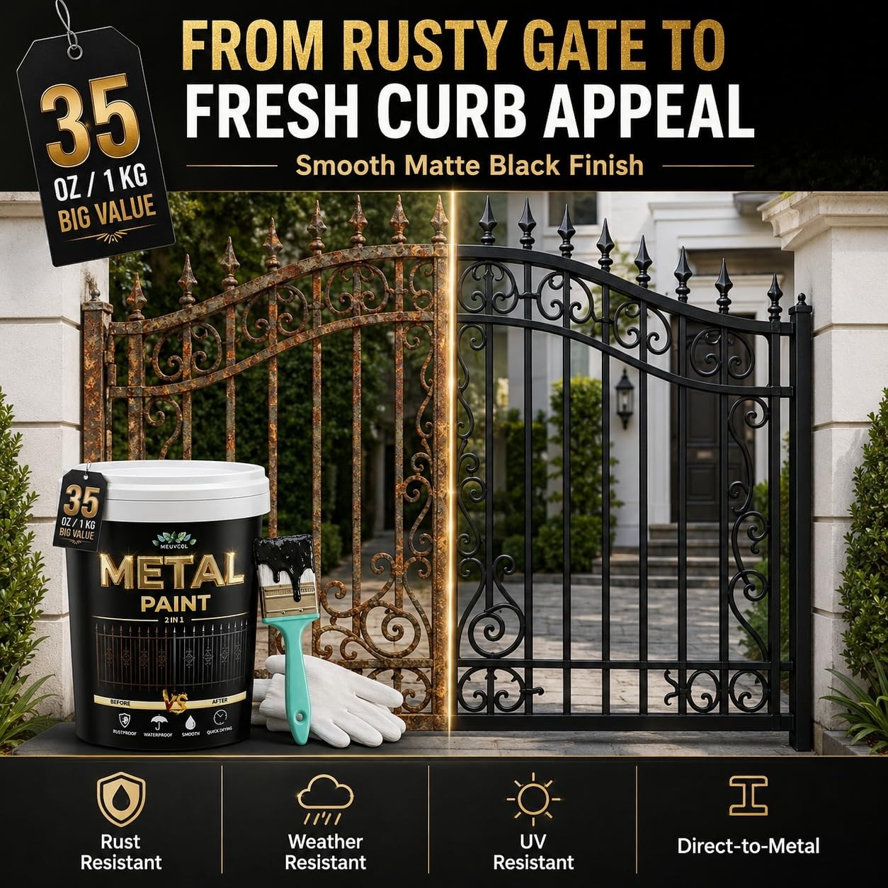 Metal Paint, 35 Fl oz Rust Preventive & Weatherproof Protective Coating, Blac…