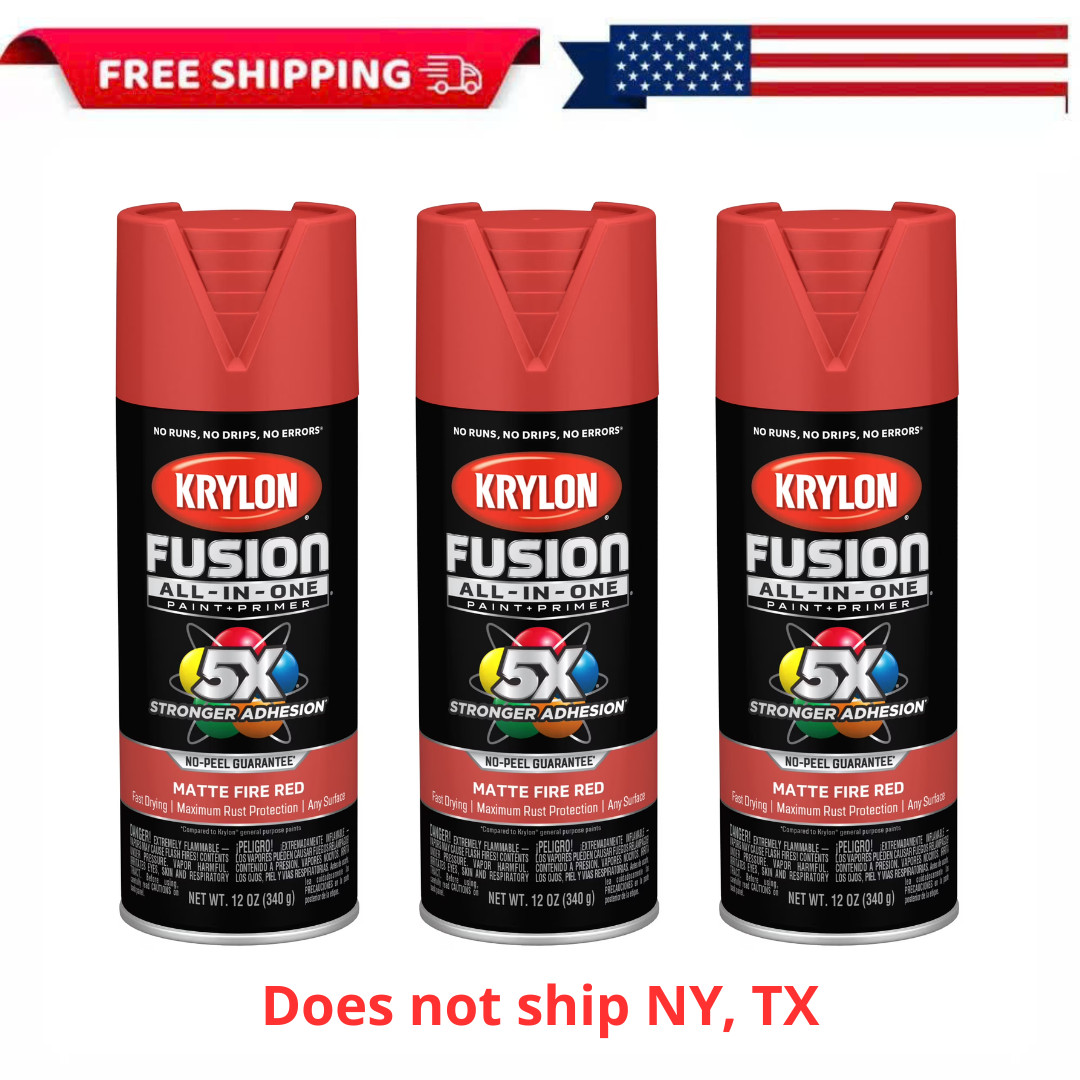 3PK Krylon Fusion All-In-One Spray Paint, Matte Fire Red, 12 oz, Multi-Surface
