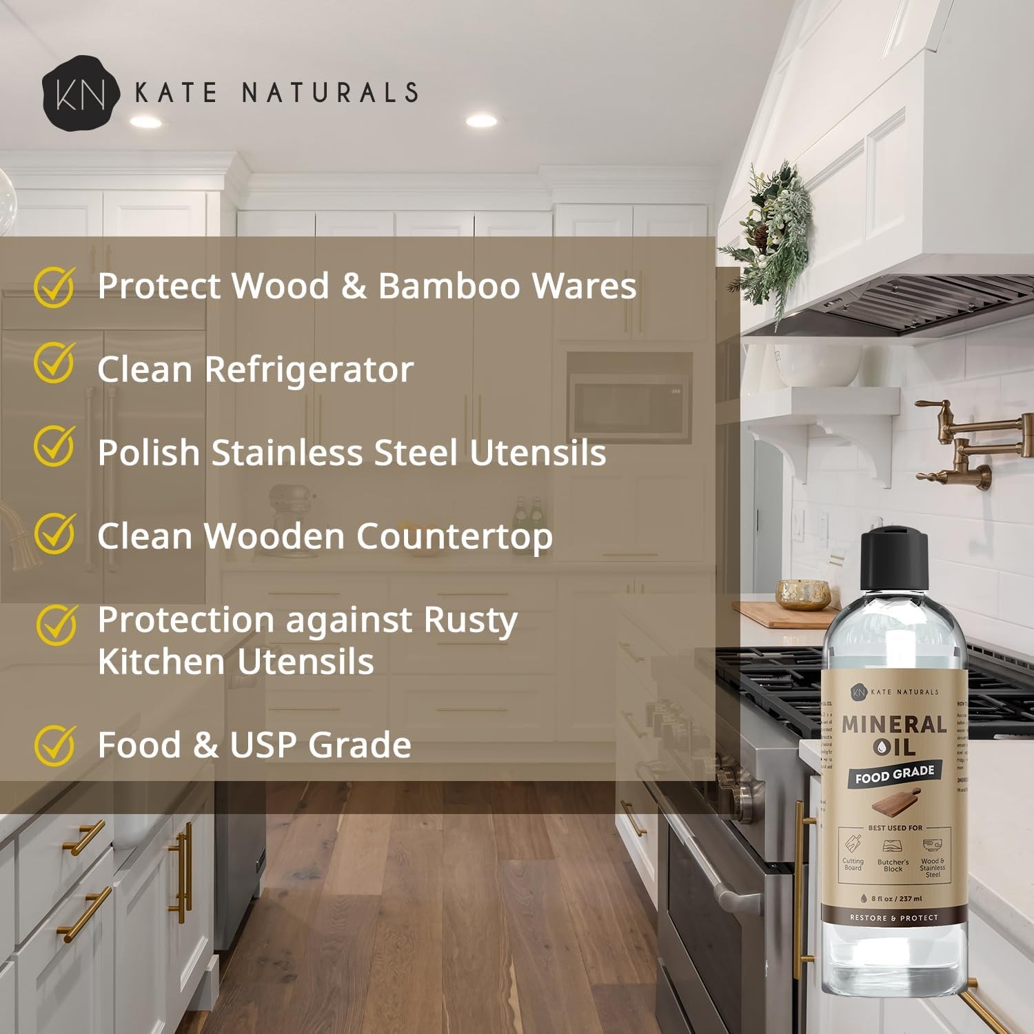 Kate Naturals Mineral Oil for Wood Cutting Board, Butcher 8 fl oz, Clear