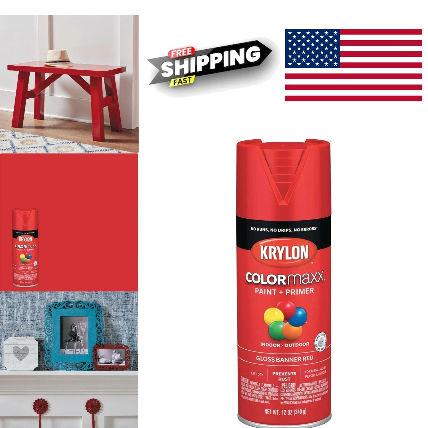 Fast Drying Spray Paint 12 Ounce Gloss Red Rust Protection for Various Surfaces