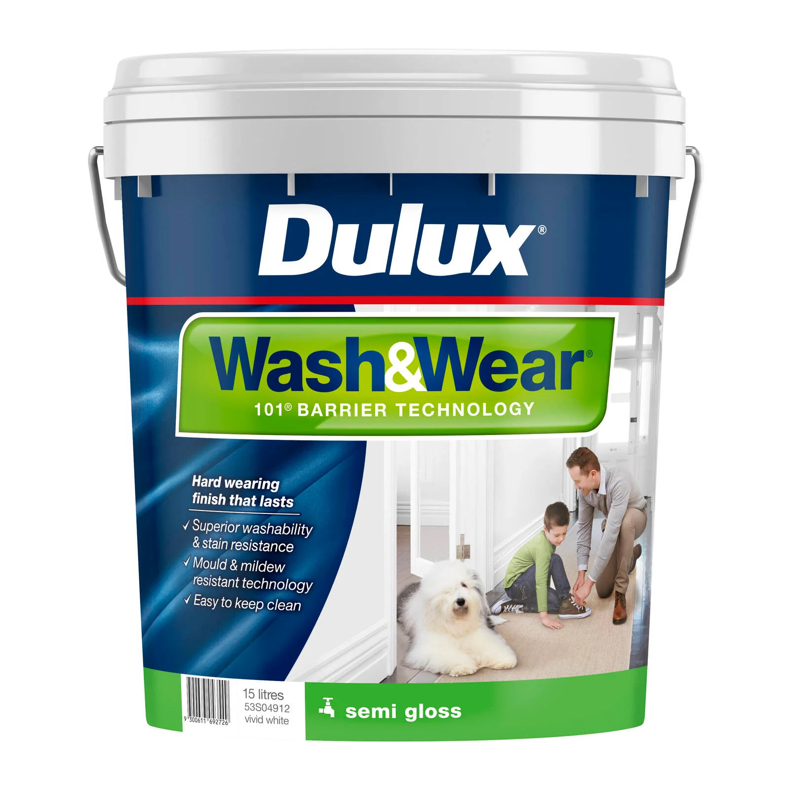 Dulux 15L Vivid White Semi Gloss Wash&Wear Interior Paint