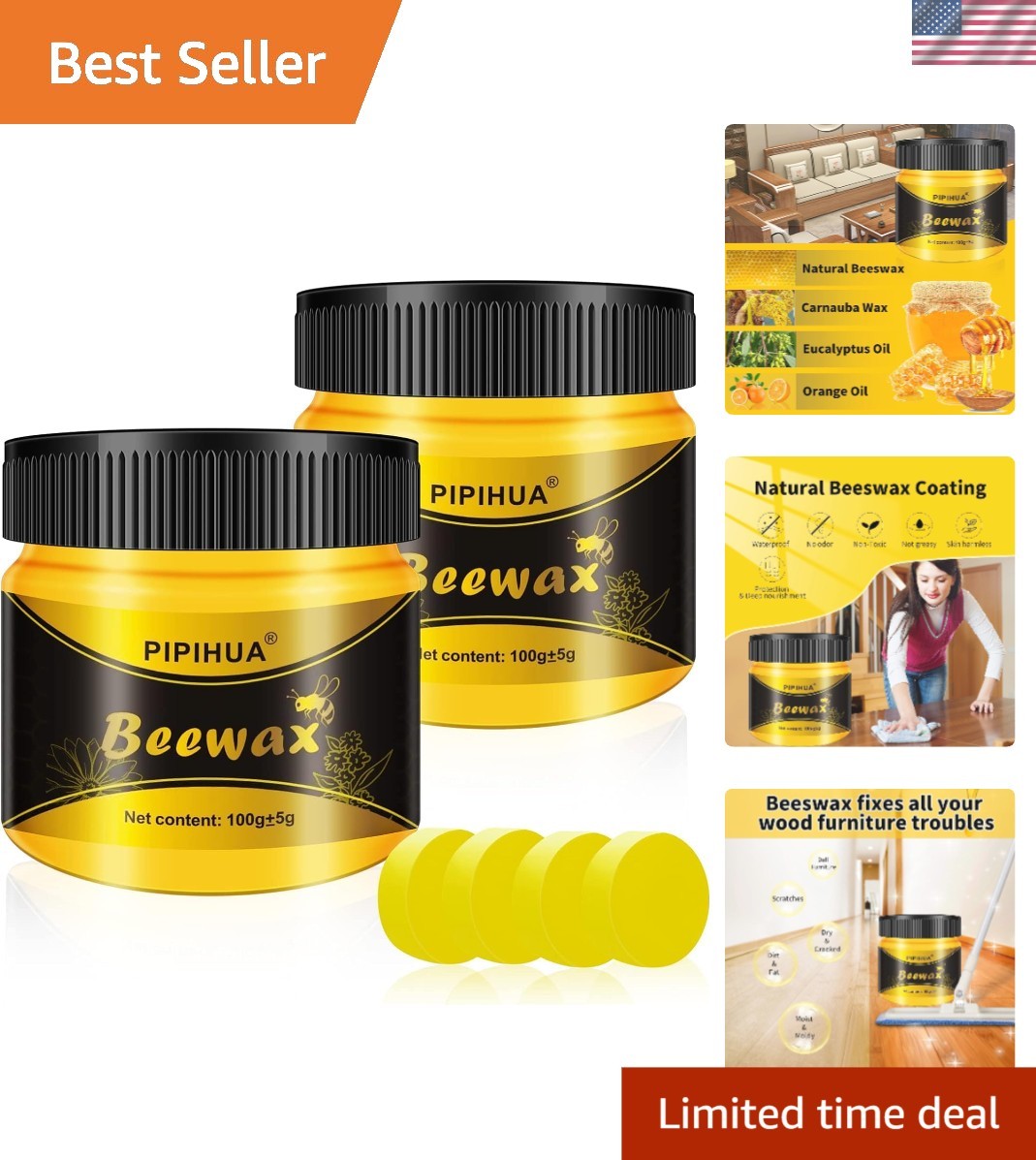 All-Natural Beeswax Polish for Wood – Restorative Cleaner & Protector, 2 Pack