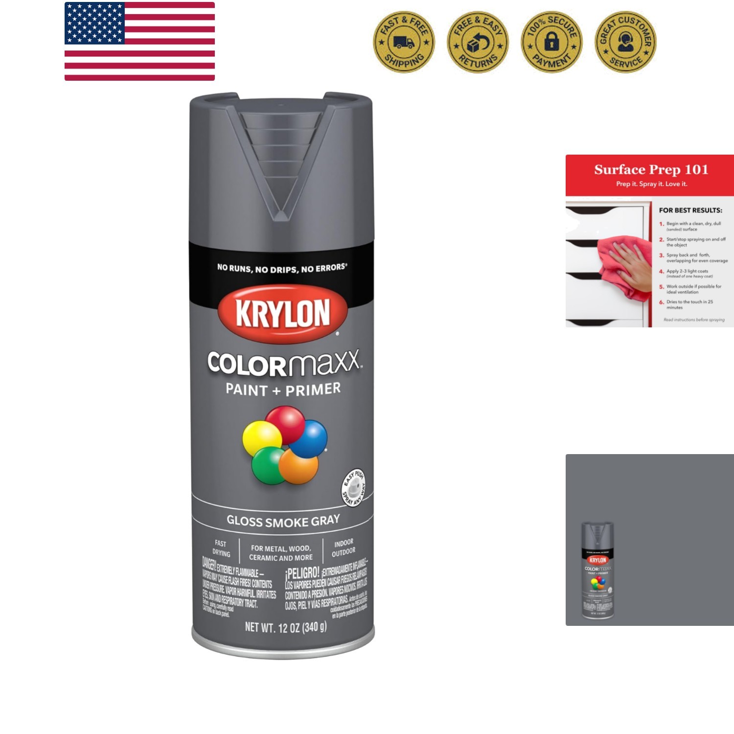 K0007 COLORmaxx Spray Paint and Primer for Indoor/Outdoor Use, Gloss Smoke Gr…