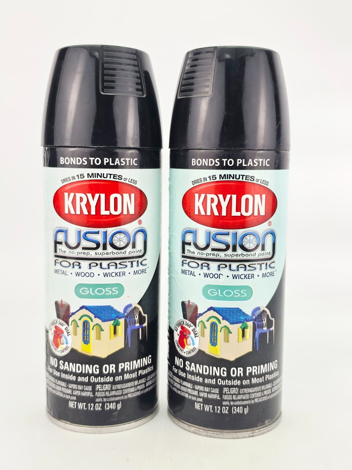 Krylon Fusion Plastic Metal Wood Spray Paint 2321 Gloss Black 12 oz Lot of 2