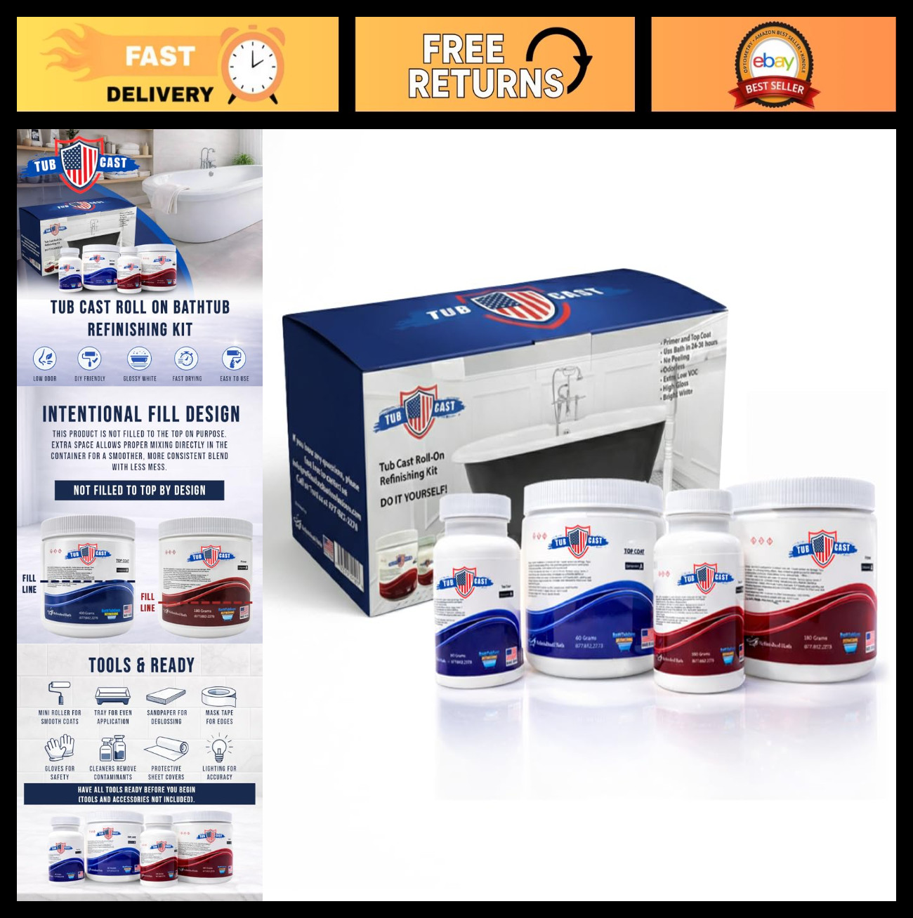 DIY Bathtub Refinishing Kit – Primer & Top Coat for Porcelain, Fiberglass, Cast