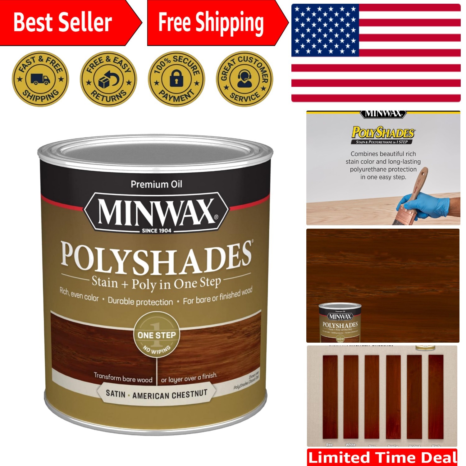 PolyShades Wood Stain + Polyurethane Finish – Quart, American Chestnut, Satin