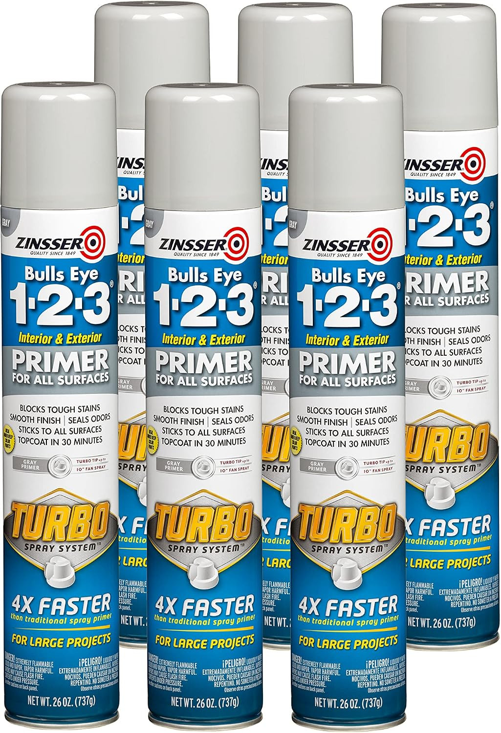 Zinsser 343748-6PK Bulls Eye 1-2-3 Turbo Primer Spray, 26 Oz, Gray, 6 Pack