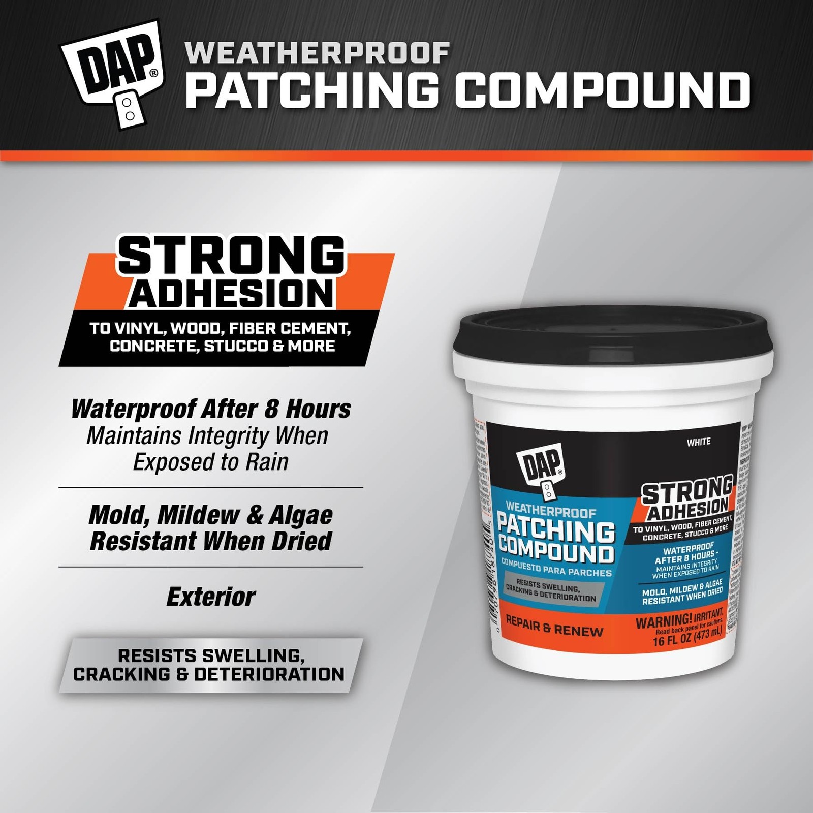 DAP Weatherproof Patching Compound, White, 16 Oz (7079818740) 16 fl oz, White