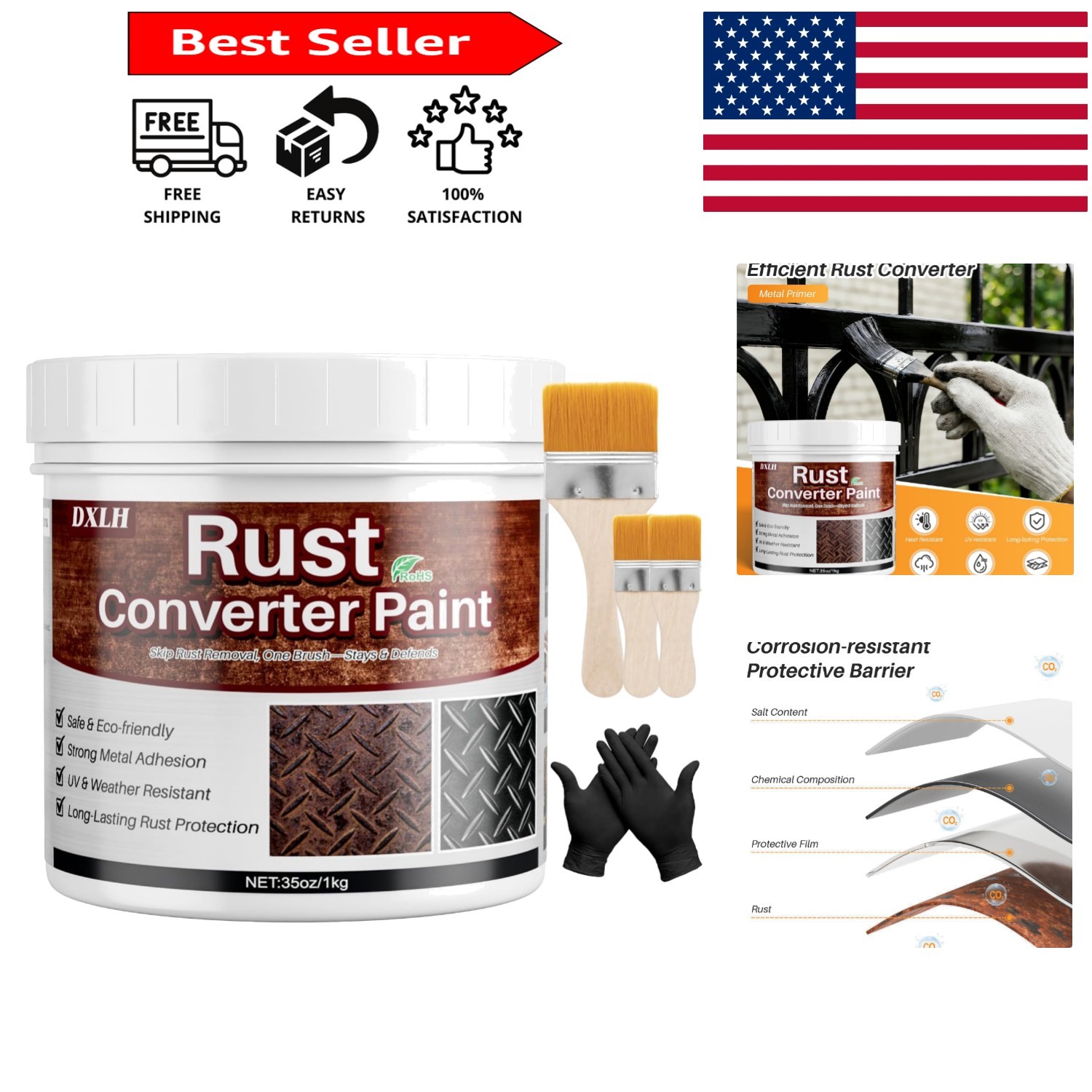 All-in-One Rust Converter & Primer – 35oz Waterproof Black Paint for Metal