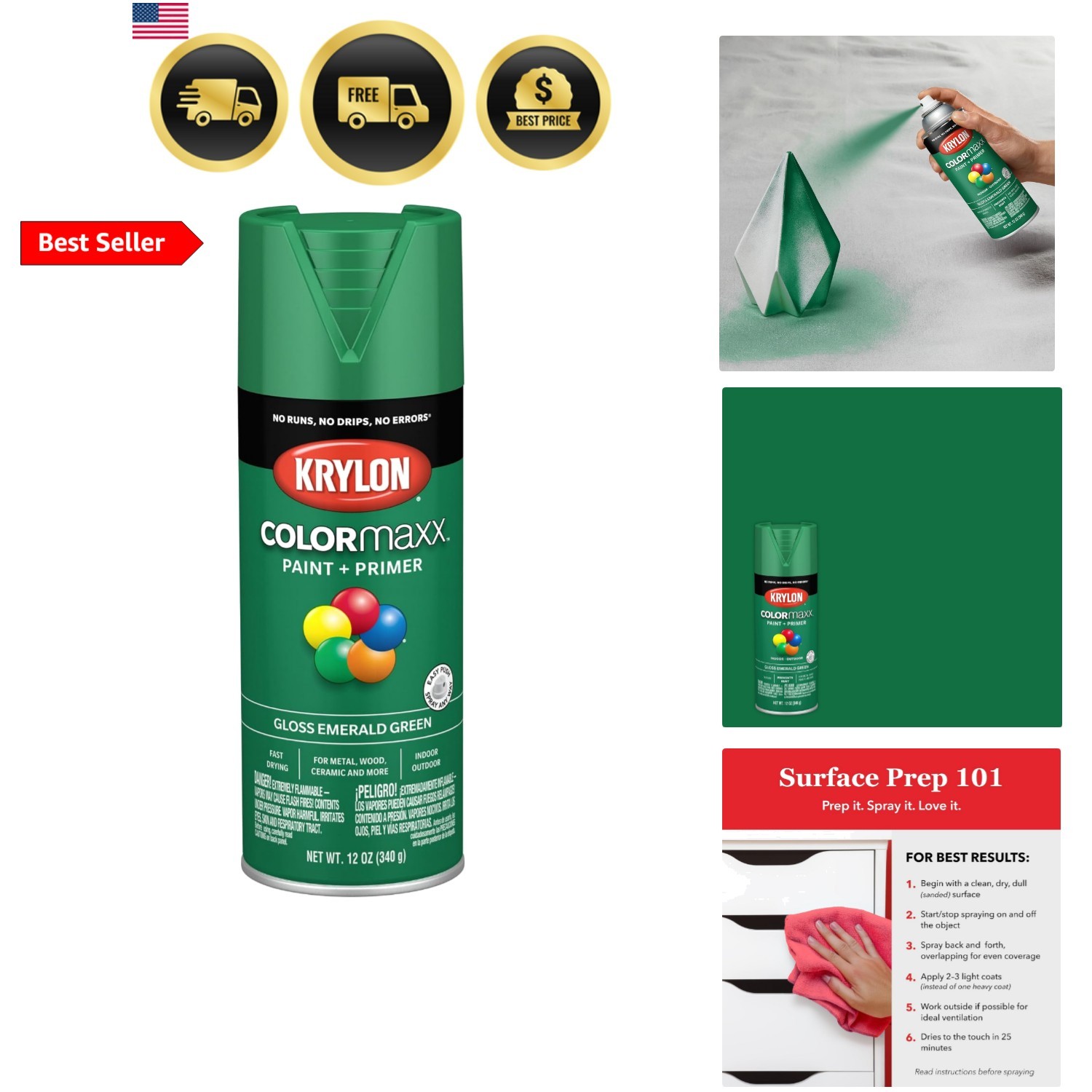 K0007 COLORmaxx Spray Paint and Primer for Indoor/Outdoor Use, Gloss Emerald …