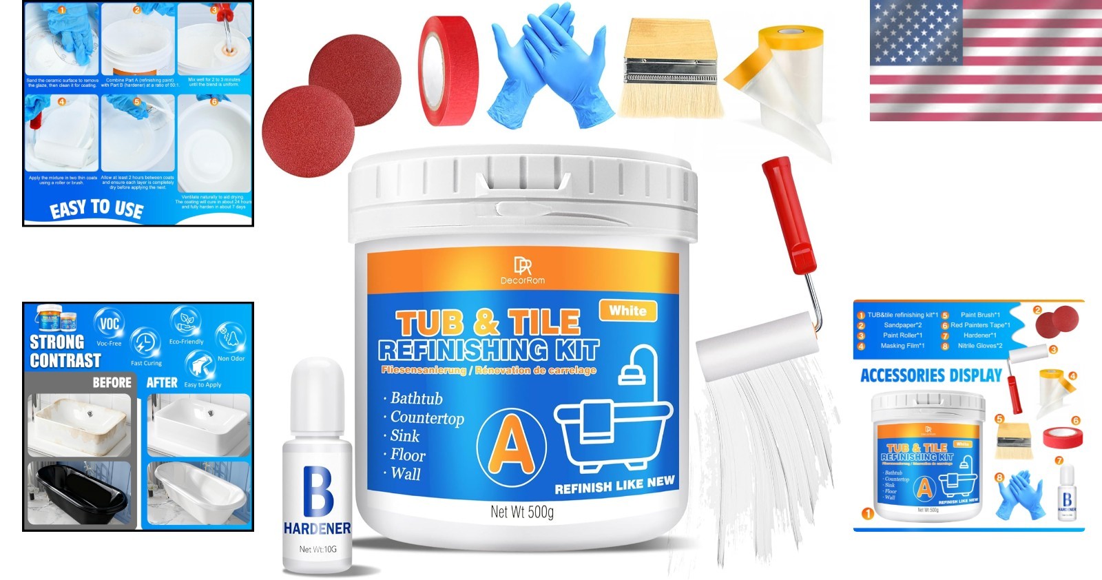 Tub and Tile Refinishing Kit – 17Oz Semi-Gloss White Tile Paint with Tools for B