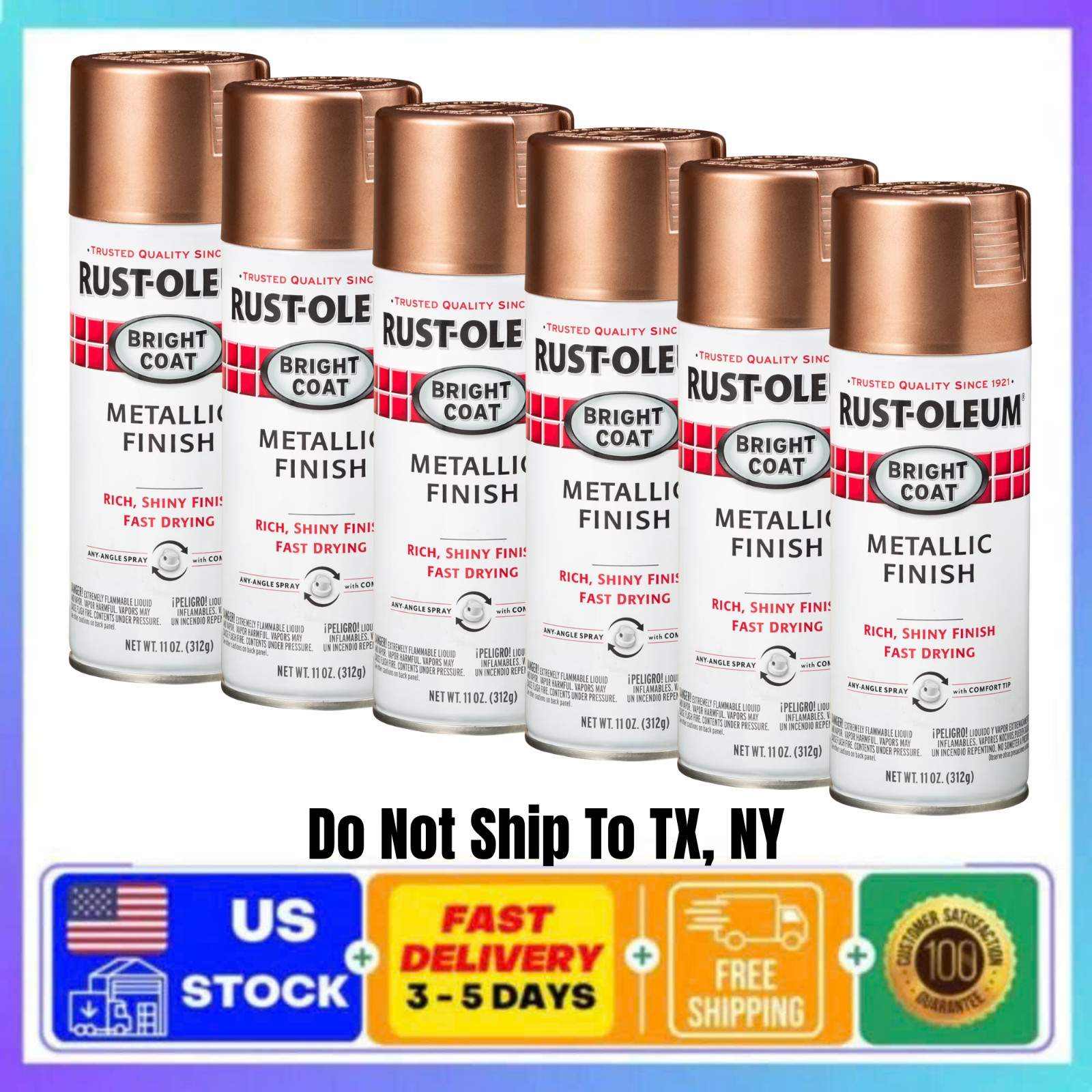 6 Pack Rust-Oleum Bright Coat Metallic Spray Paint Rose Gold 11 oz 344733 – New