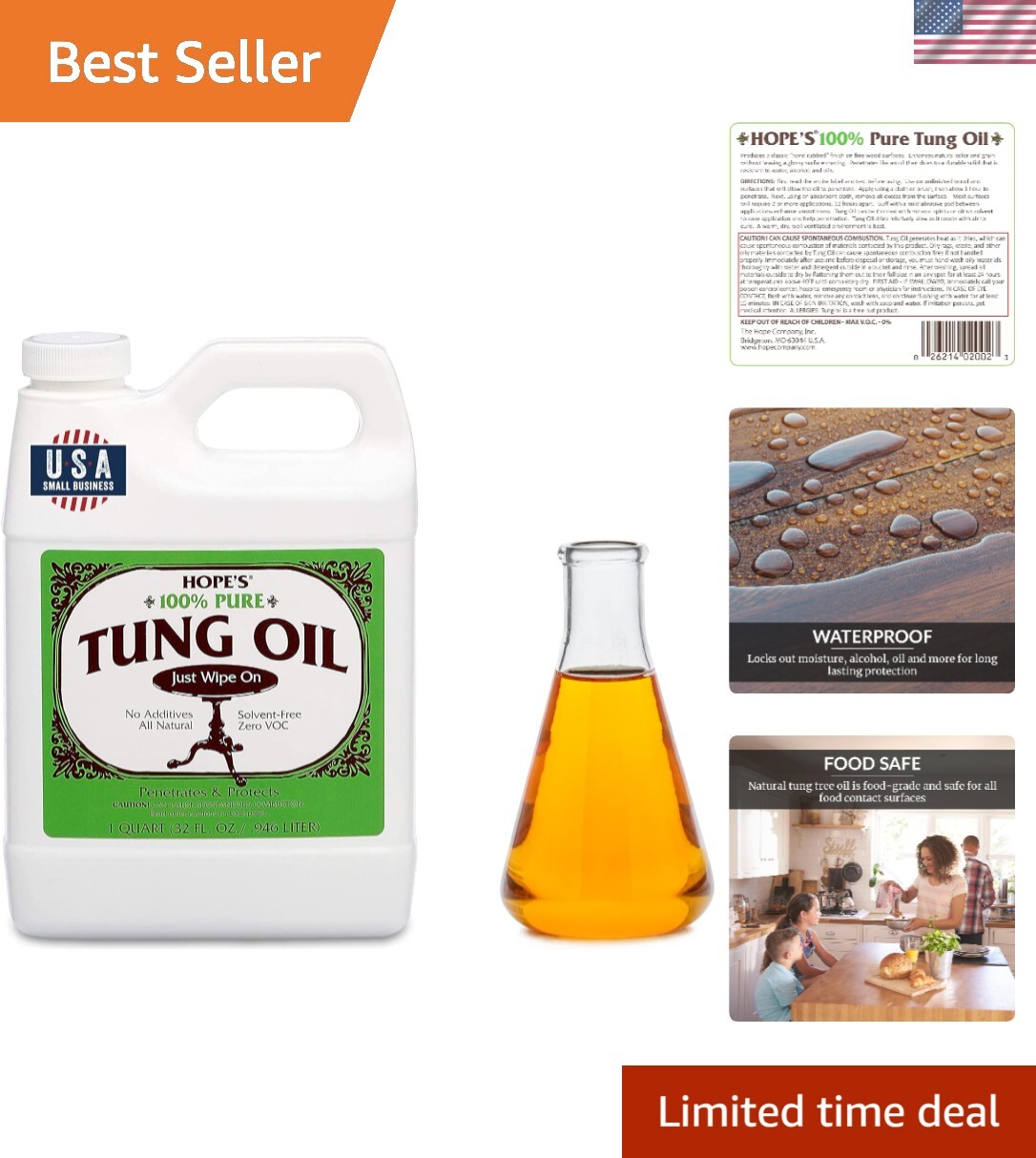 Food Safe 100% Pure Tung Oil, 32 Fl Oz – Ideal for Wood Finishing Projects