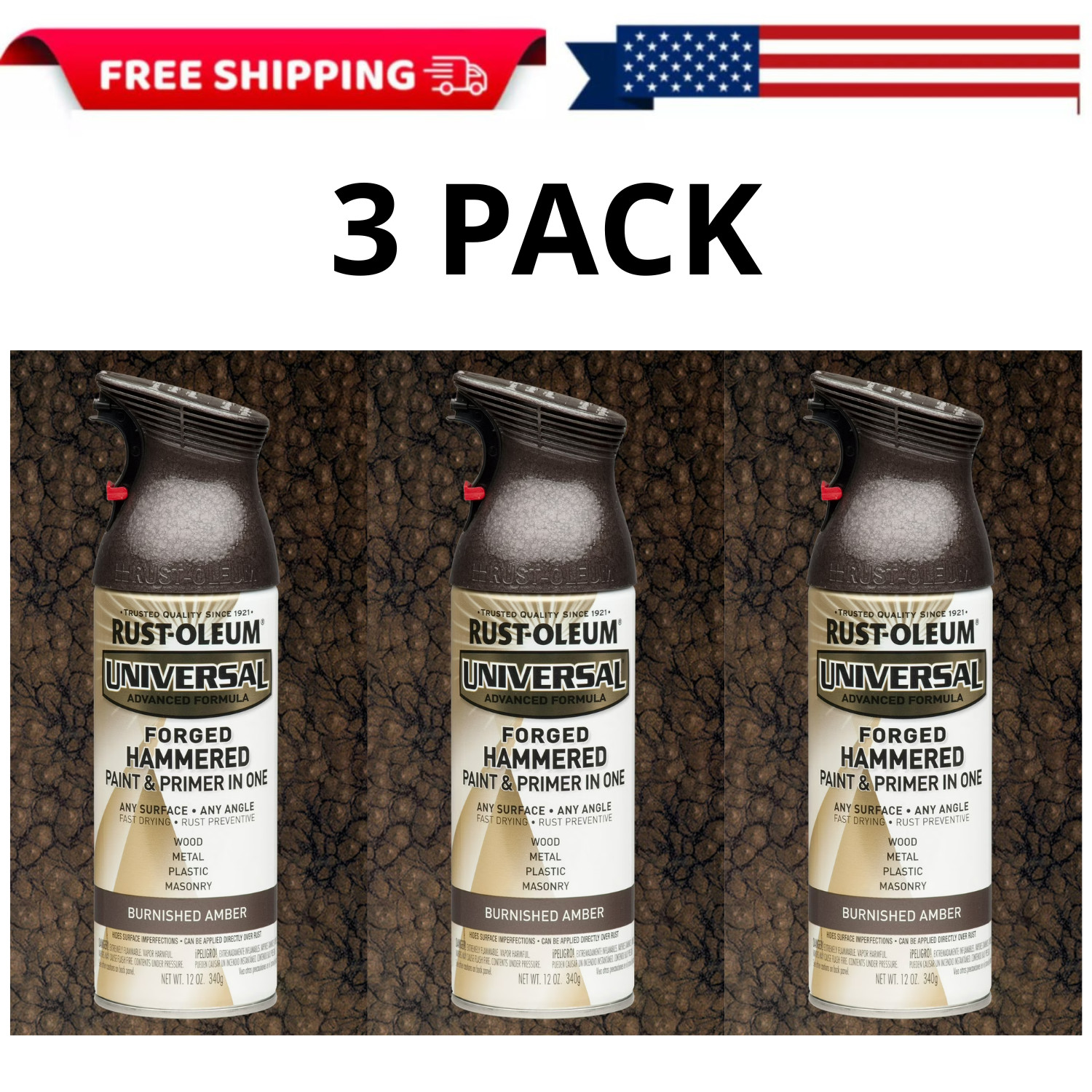 Rust-Oleum 271480 Burnished Amber Forged Hammered Spray Paint 12oz, 3Pack