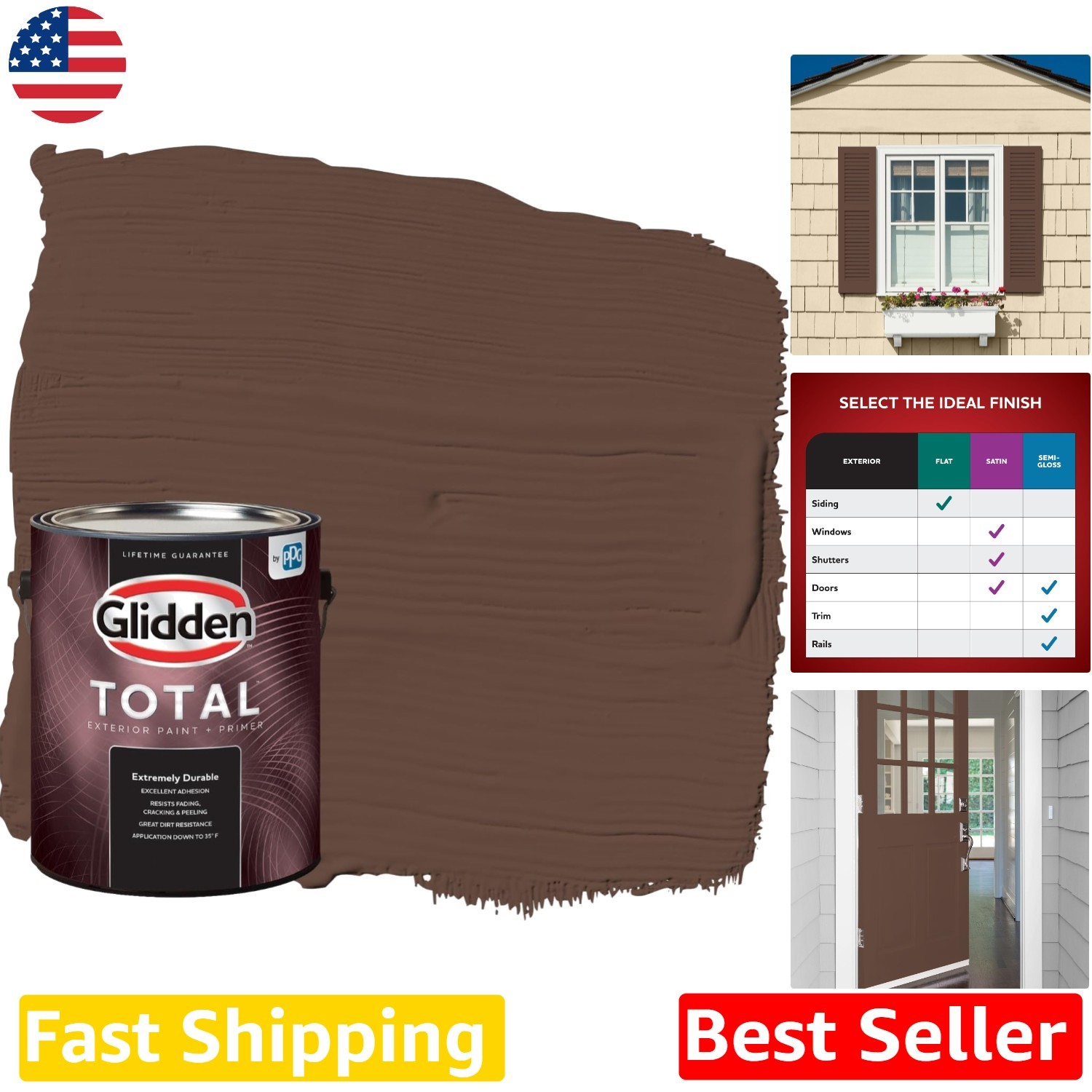 Glidden Fudge Satin 1 Gallon Exterior Paint, Resists Fade & Cracking, Washable