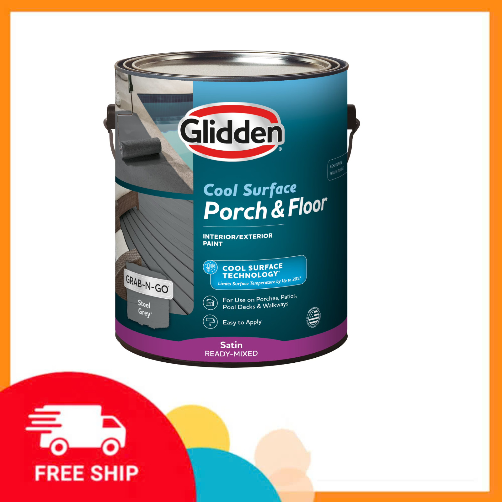 Glidden Porch&Floor Exterior Paint, Steel Gray, Satin, 1 Gal, Cool Surface Tech