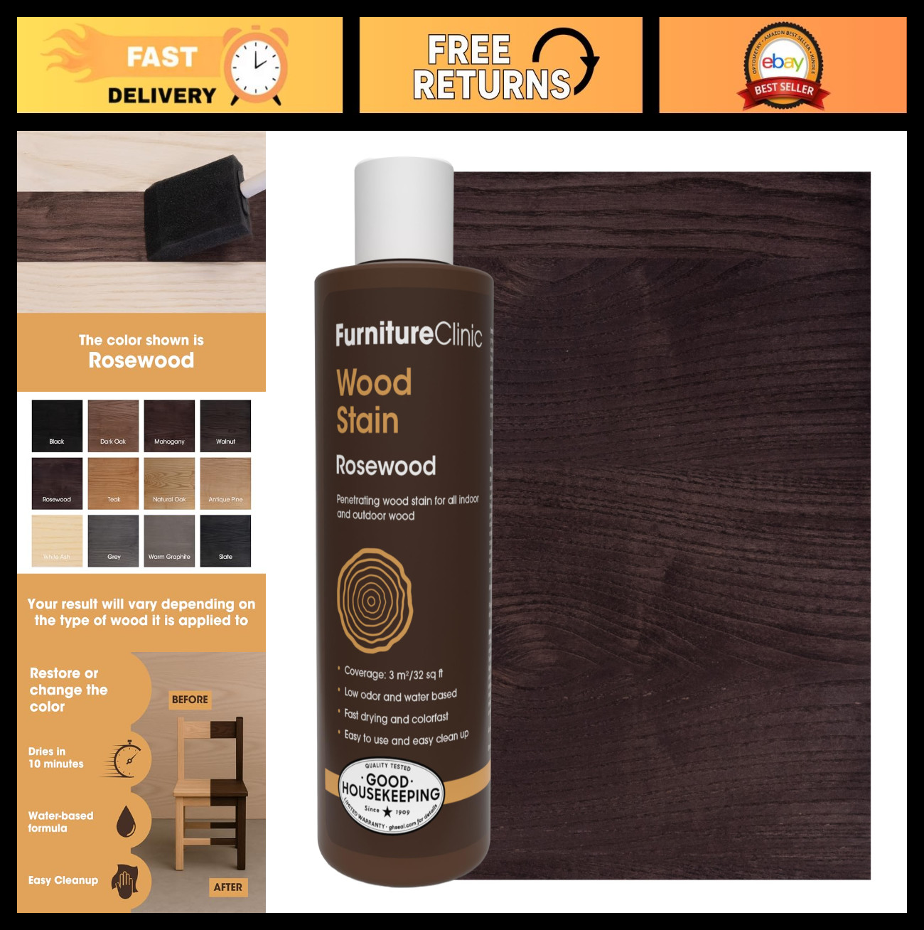 Wood Stain Rosewood | Water-Based, Fast Drying, Low Odor, Non-Toxic | Indoor & O