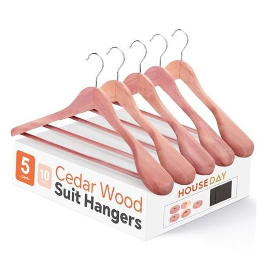 Wide Shoulder Cedar Hangers for Suits and Coats with Non Slip Pant Bar,360° 5