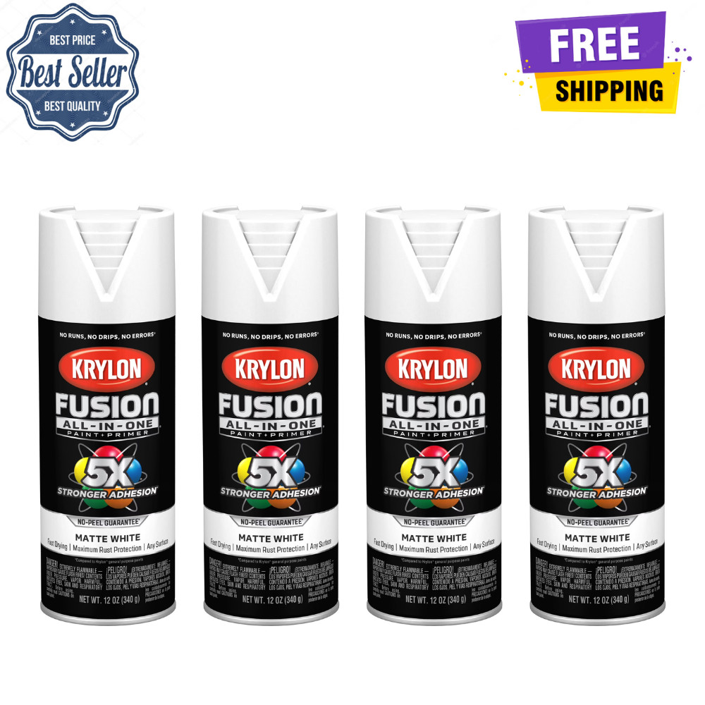 4 Pack Krylon Fusion All-In-One Matte White Spray Paint 12 oz, Paint + Primer