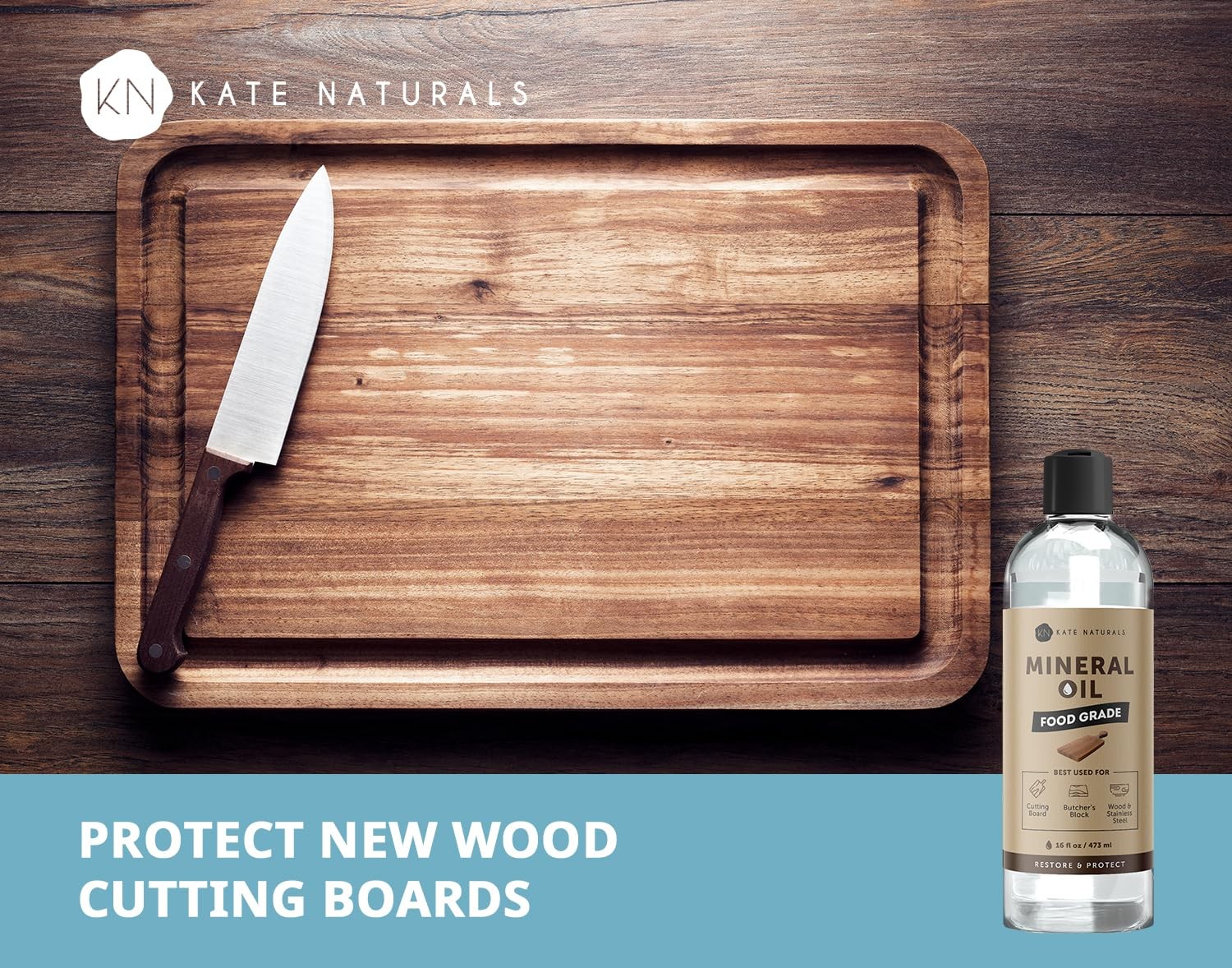 Kate Naturals Mineral Oil for Wood Cutting Board, Butcher 16 fl oz, Clear
