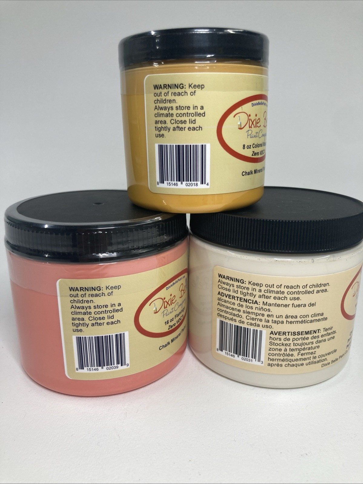 New Dixie Belle Chalk Mineral Paint, Matte USA – 8oz Mustard 16oz Cloth Flamingo