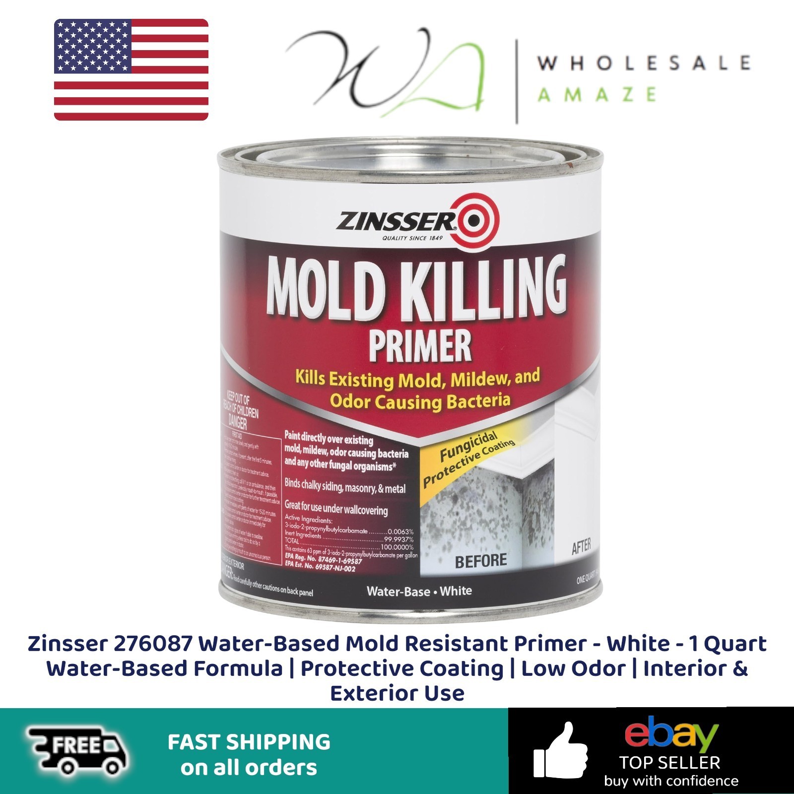 Zinsser 276087 Water-Based Mold Resistant Primer White 1 Quart Water-Based