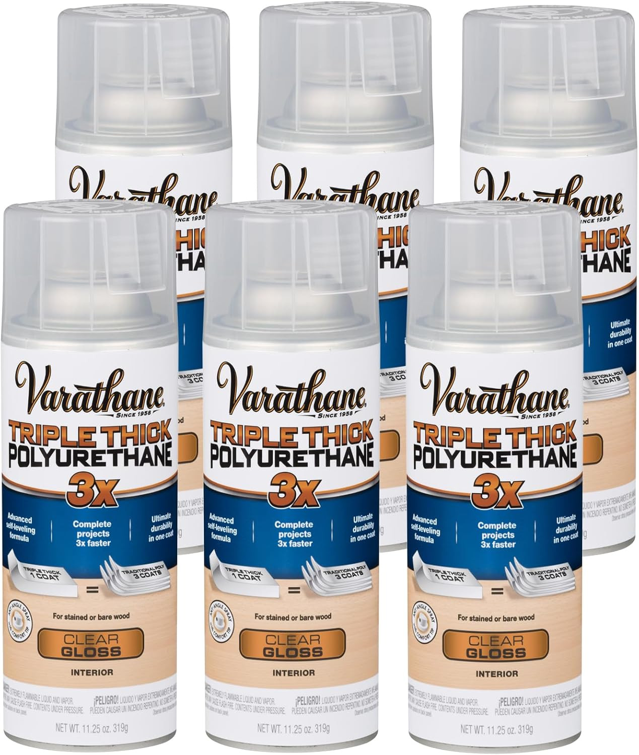 Triple Thick Polyurethane Clear Finish Spray – 6 Pack, 11.25 Oz, Glossy