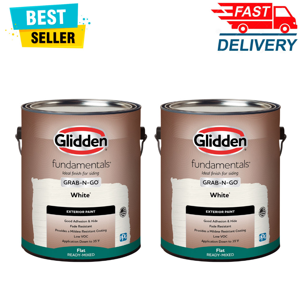 (Pack of 2) Glidden Fundamentals Exterior Paint, White, Flat, 1 Gallon, Durable