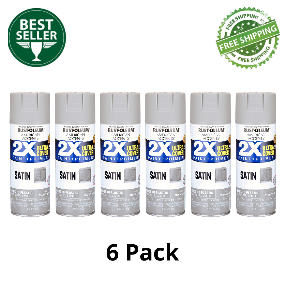 Rust-Oleum American Accents 2X Ultra Cover Satin Spray Paint, Stone Gray, 6 Pack