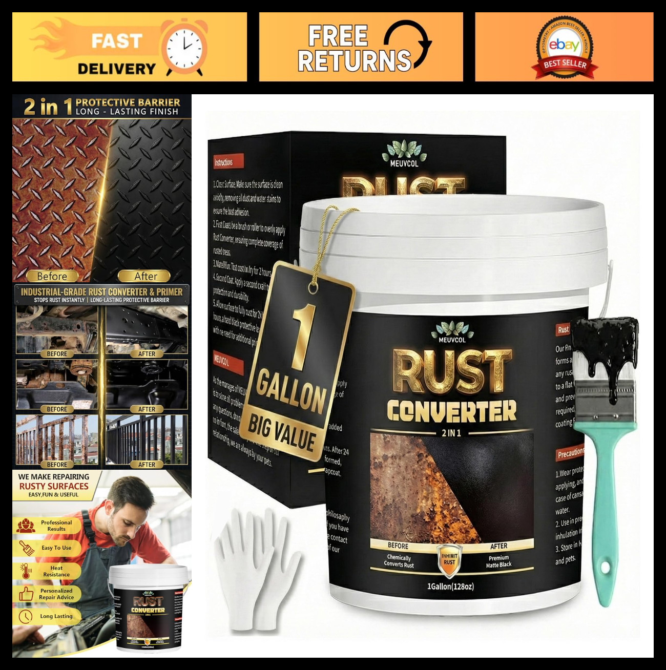 2-in-1 Rust Converter & Metal Primer – 1 Gallon Black Anti-Rust Coating, Heat Re