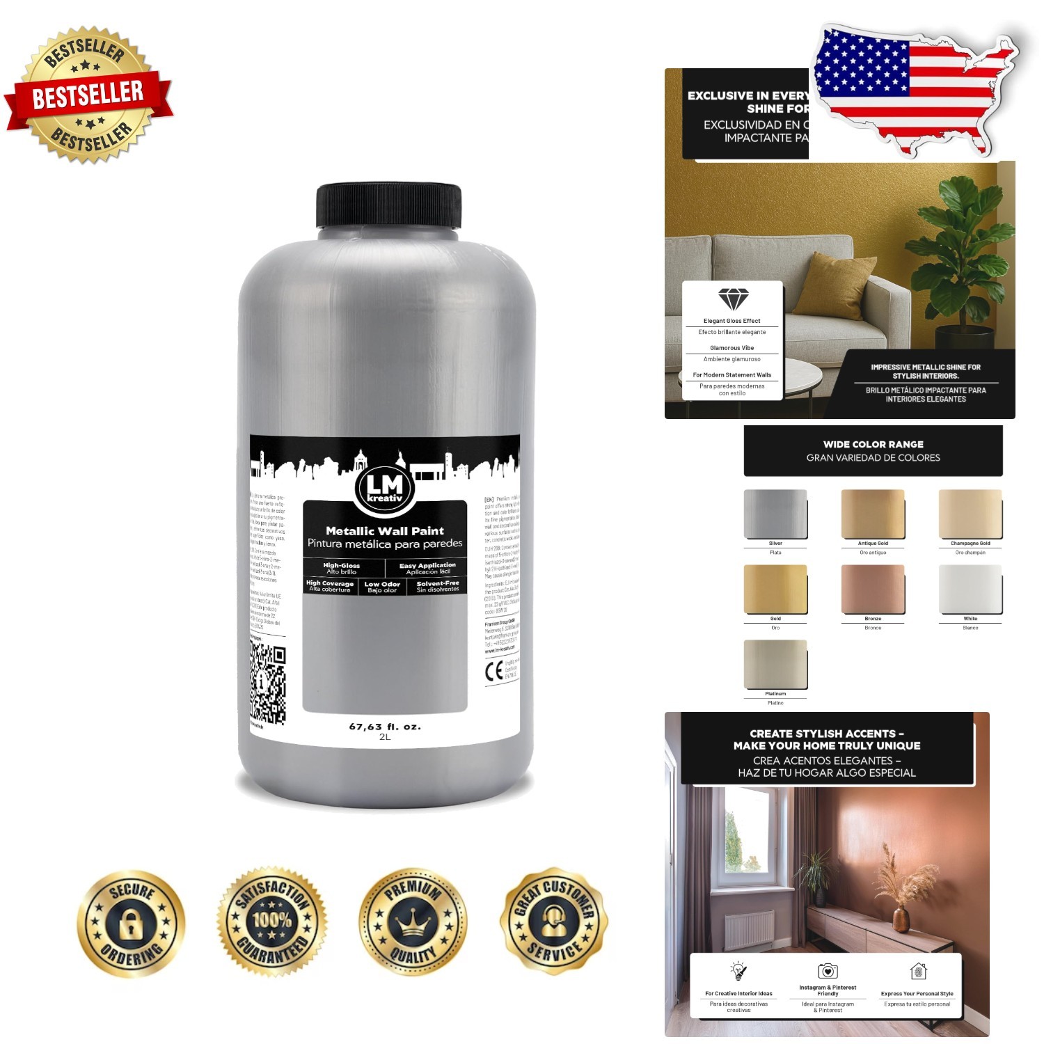 Luxury Silver Metallic Wall Paint 2L – Scratch-Resistant, Water-Based, DIY Shine