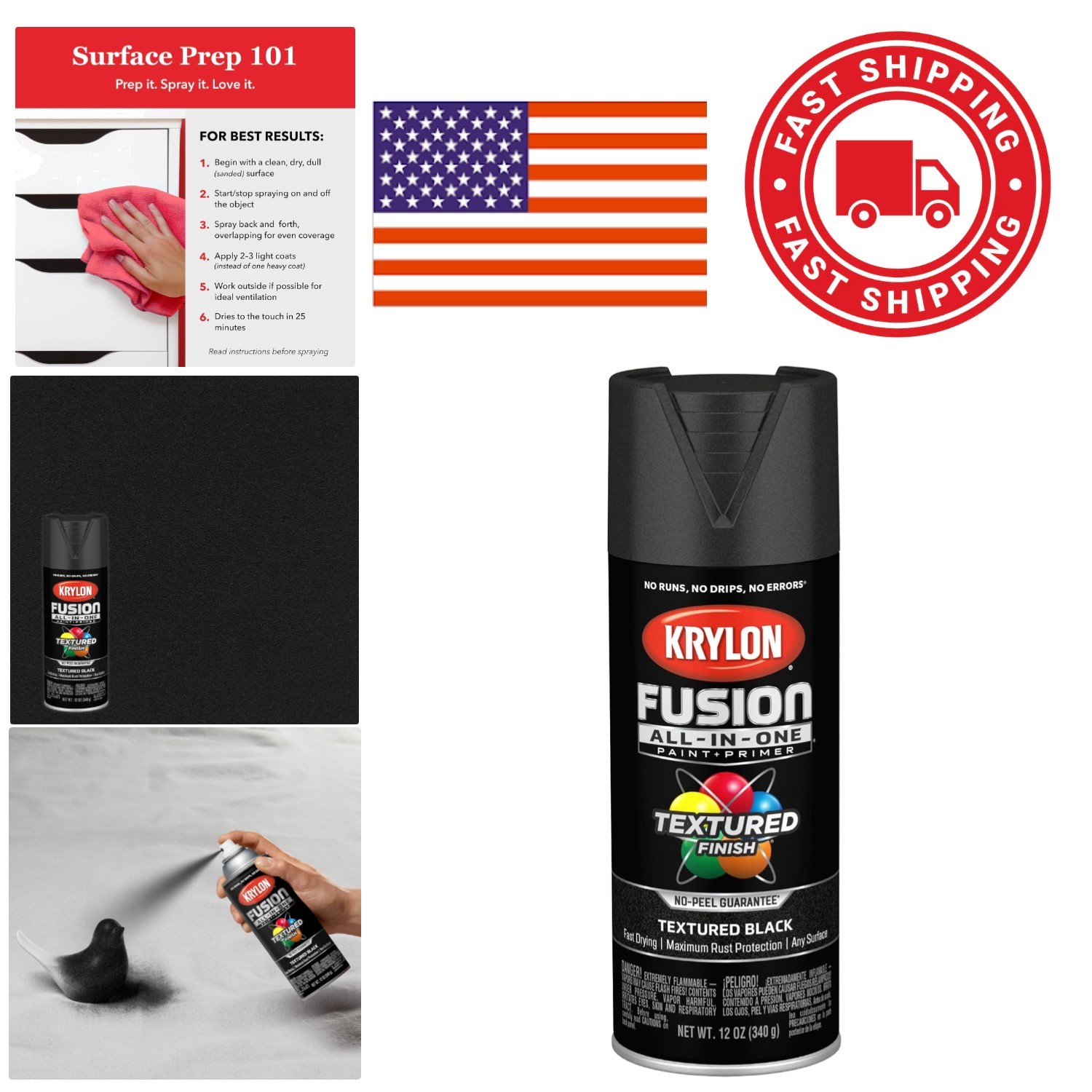 Fusion All In One Adhesive Spray Paint 12 Ounce Black Fast Drying Indoor Outdoor