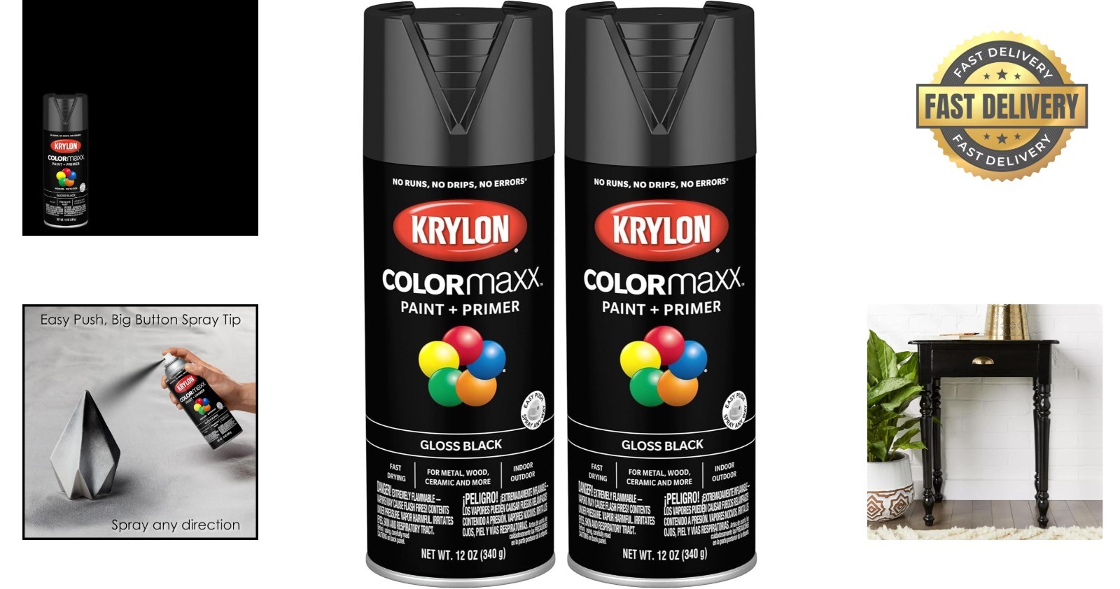 Versatile COLORmaxx Gloss Black Spray Paint & Primer – 2 Can Bundle, 25 sq ft