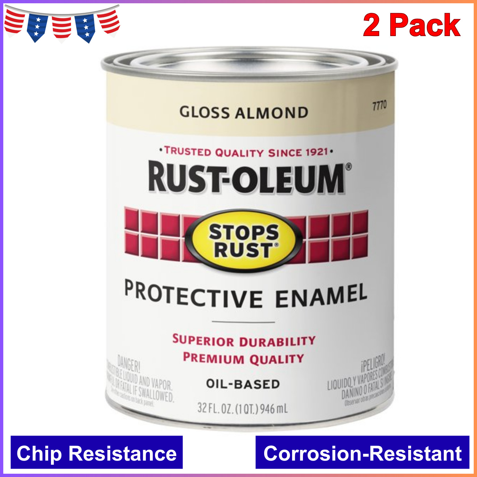 2 Pack, Almond, Rust-Oleum Stops Rust Gloss Protective Enamel- 7770502, Quart