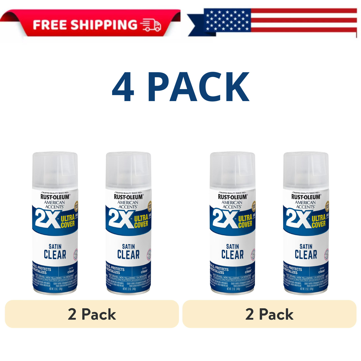 Rust-Oleum American Accents 2X Ultra Cover Clear Satin Spray Paint 12 Oz, 4 PACK