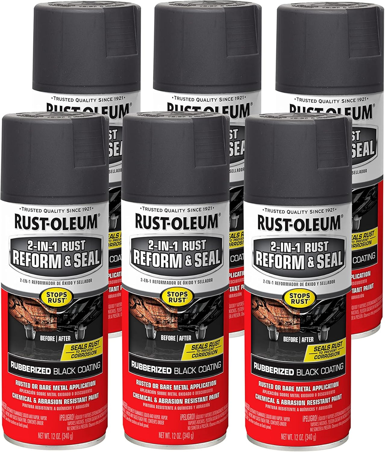 344713-6PK Automotive 2-In-1 Rust Reform & Seal Spray, 12 Oz, Flat Black, 6 Pack