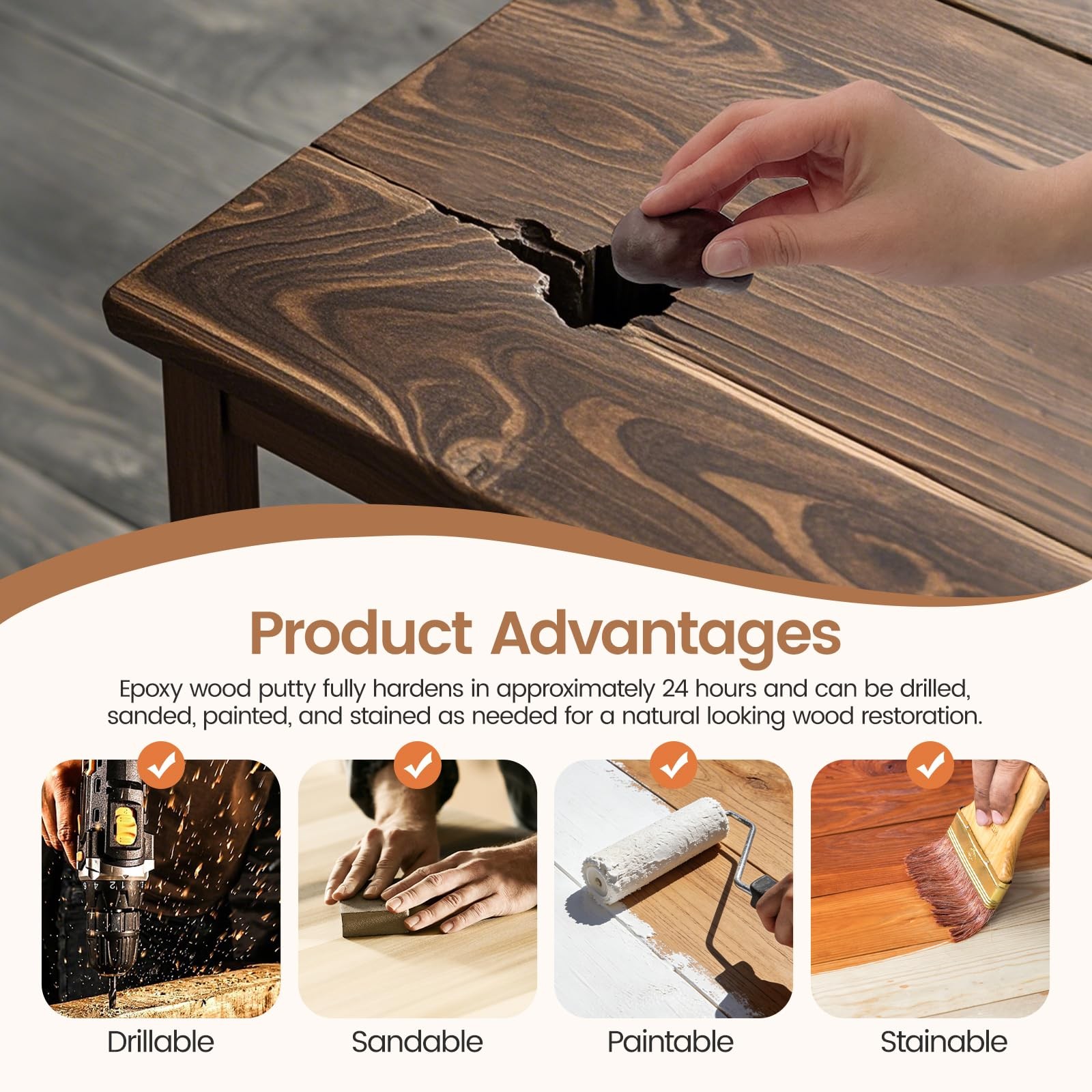 Boncart Epoxy Wood Putty, High Strength Filler Stainable Dark Brown