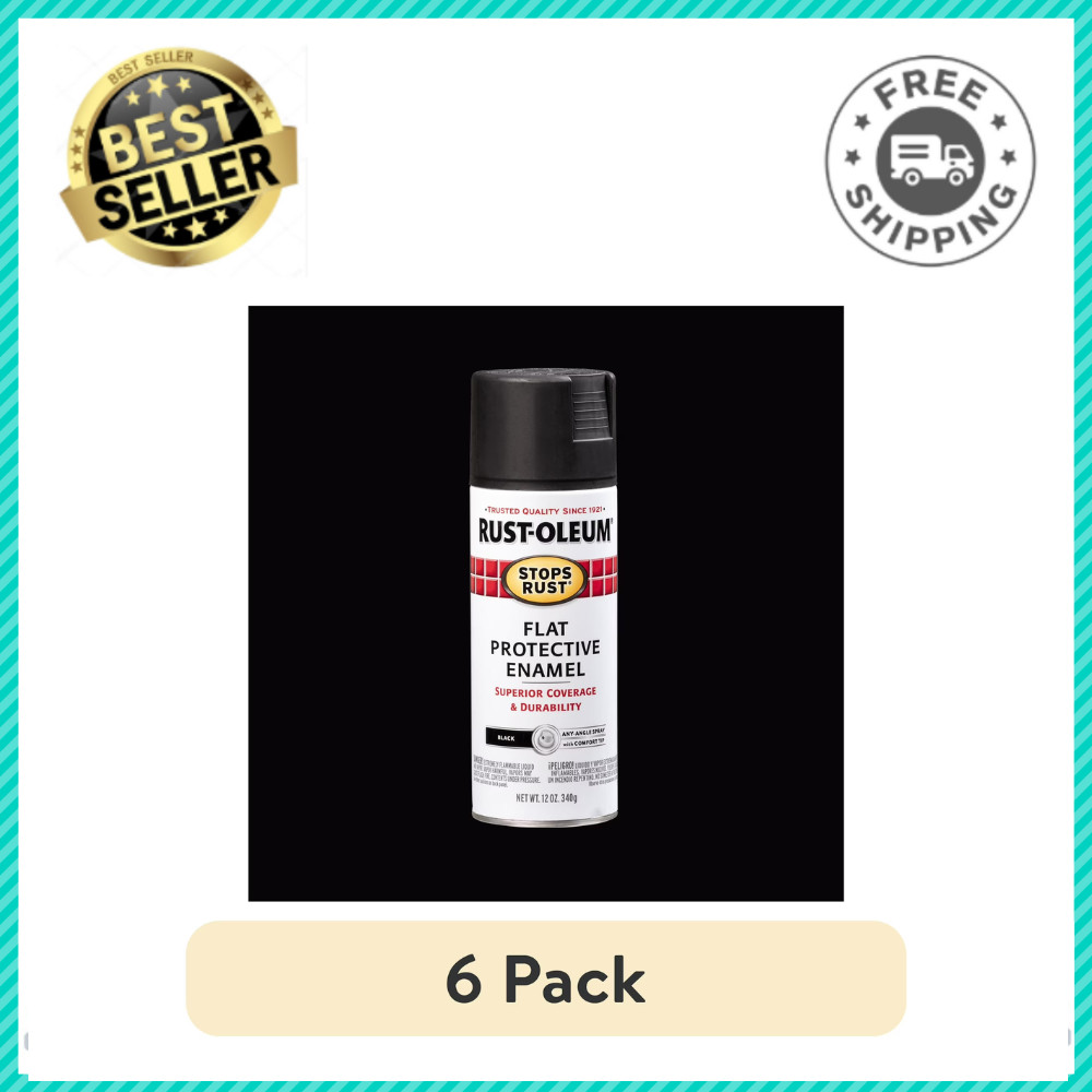 (6 Pack) Black, Rust-Oleum Stops Rust Protective Enamel Flat Spray Paint, 12 oz