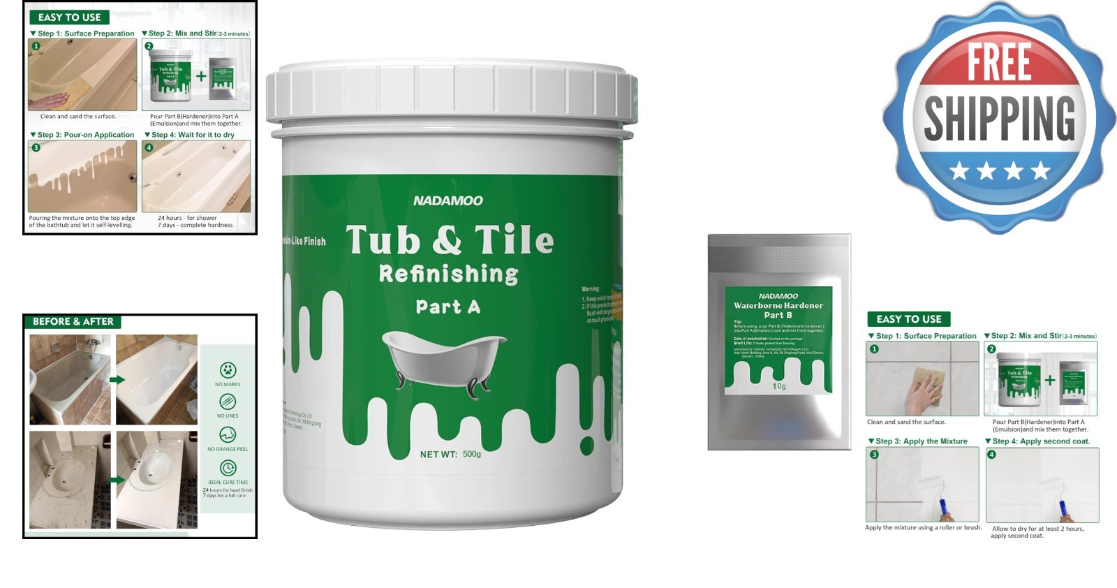 White Enamel Tub and Tile Refinishing Kit – Low Odor, Water Resistant, 17.5 Oz