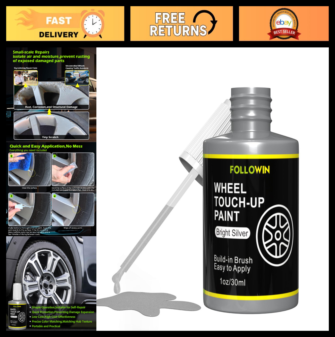 Silver Rim Touch Up Paint Kit for Car Wheels – Scratch Repair, Quick Dry, Easy A