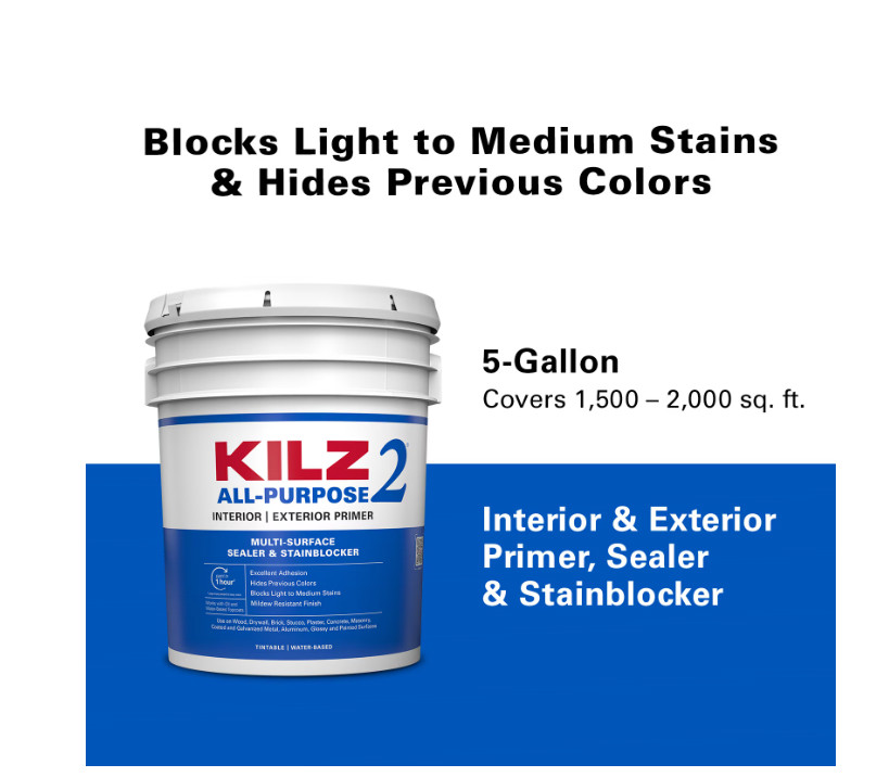 KILZ 2 All-Purpose Interior/Exterior Water-Based Stainblocking Primer, 5 Gallon