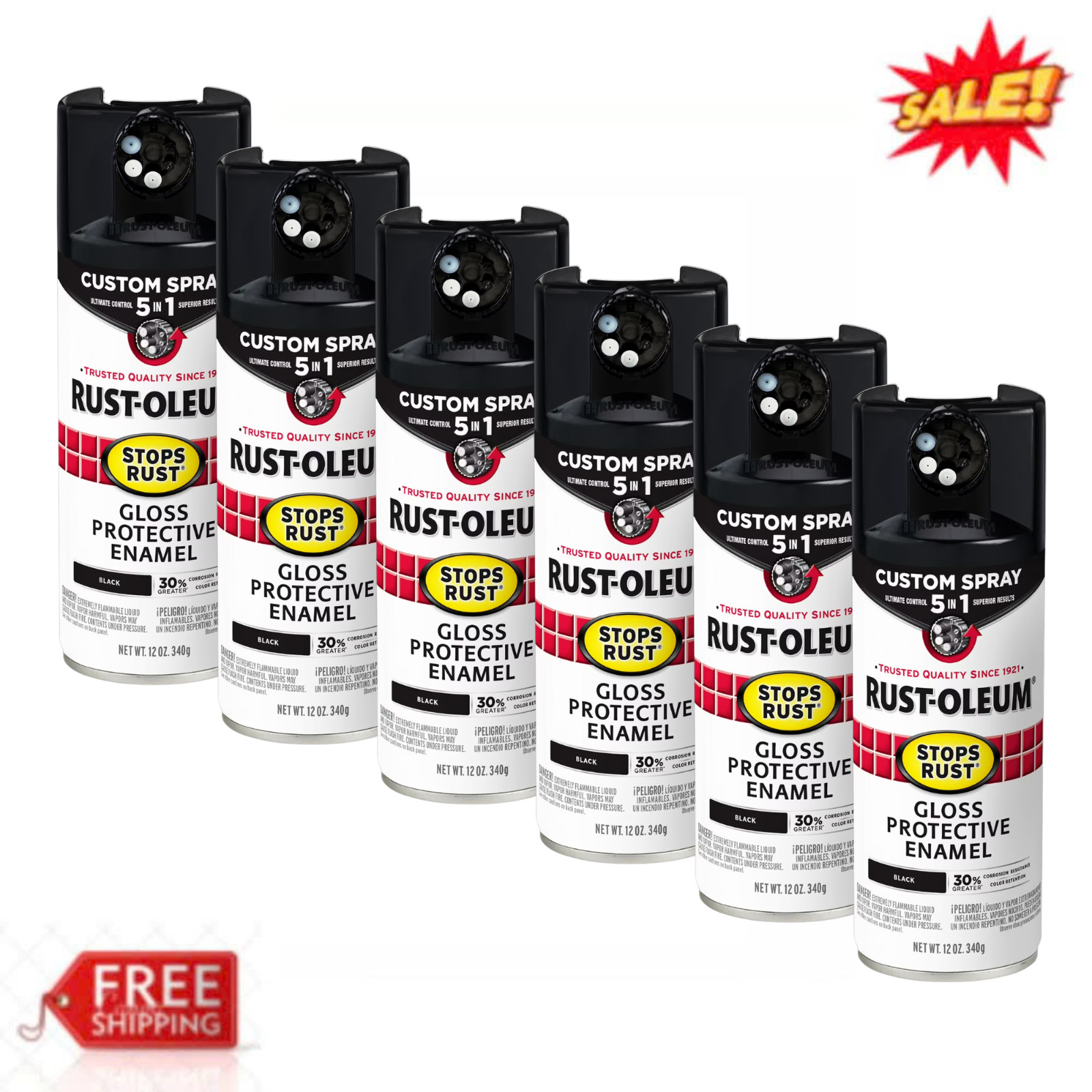 (6 Pack) Rust-Oleum Stops Rust 5-in-1 Gloss Black Spray Paint Custom Spray 12 oz