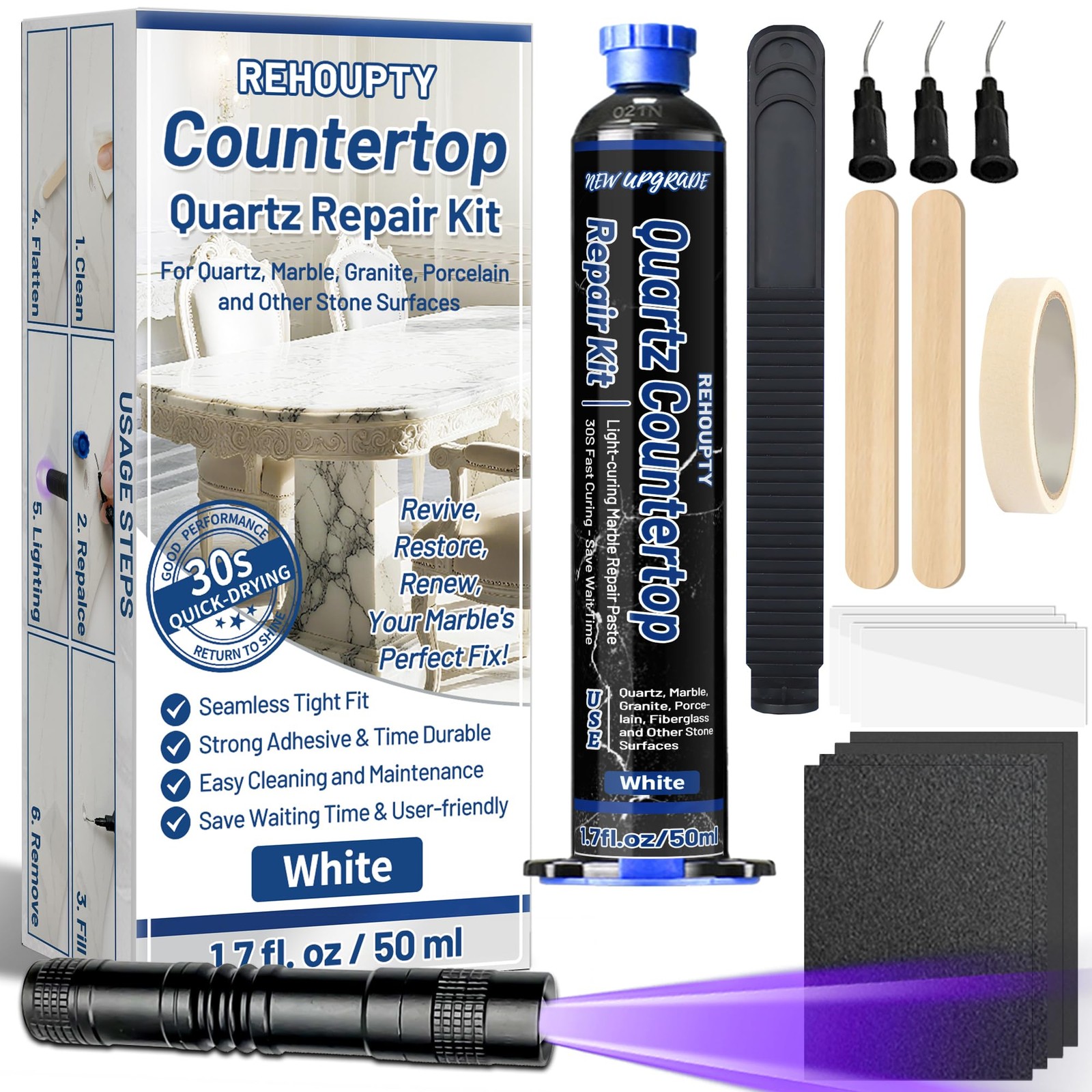 Quartz Countertop Repair Kit 1.7fl.oz / 50ml – 30s Fast Curing DIY Fix Quartz…