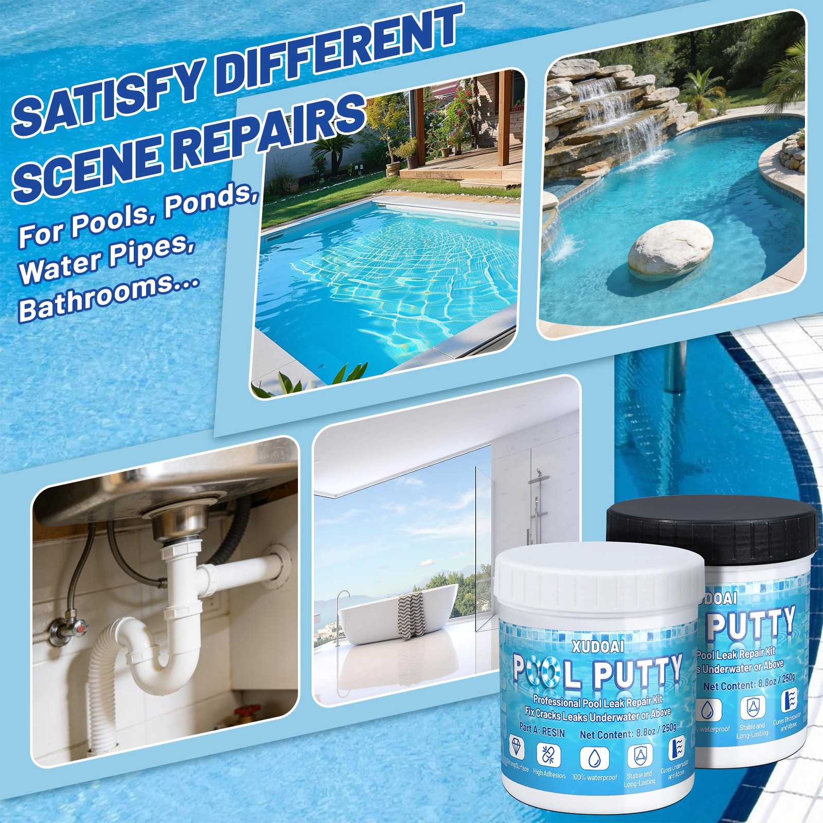 Pool Putty, 17.6oz/500g 2 Part Epoxy Putty for Underwater or White