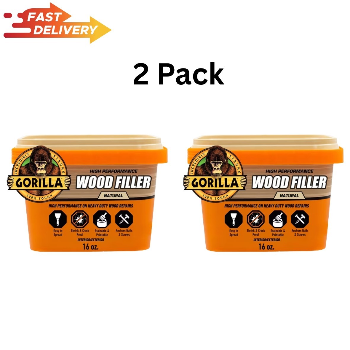 2 Pack Gorilla Wood Filler Natural Finish 16 oz Interior Exterior Repair