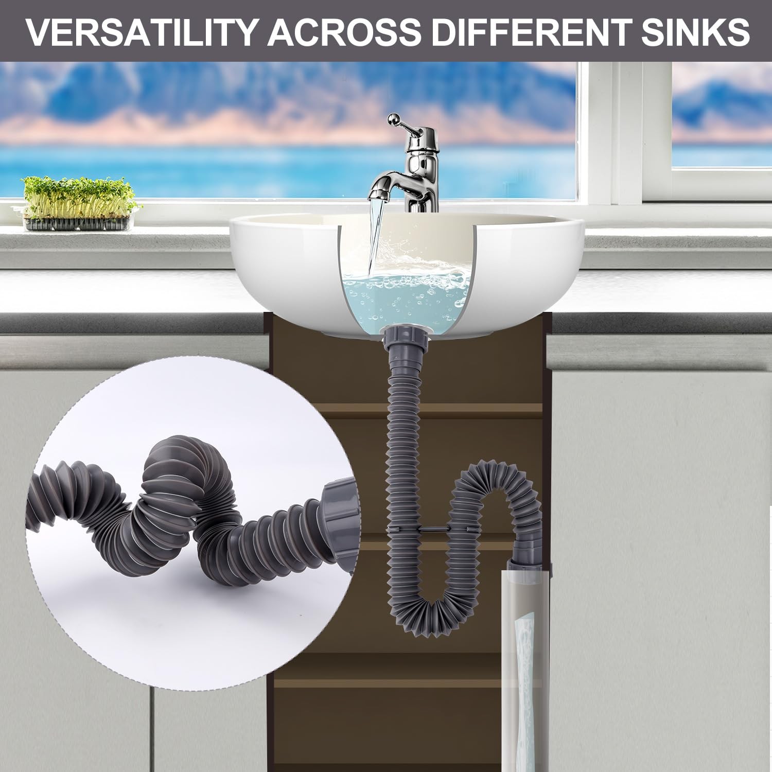 Sink Drain Kit, 1-1/2 Inch Expandable Flexible P-Trap 7.5 M, black,gray