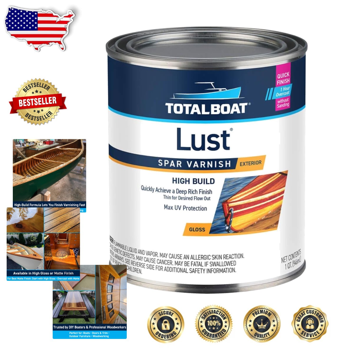 Lust Marine Varnish Quart High Gloss UV Resistant Waterproof Durable Wood Finish