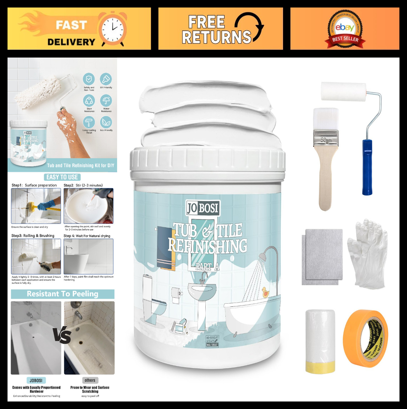 Water-Based Tile Paint & Refinishing Kit 32oz – Quick-Dry for Walls, Floors, Sin